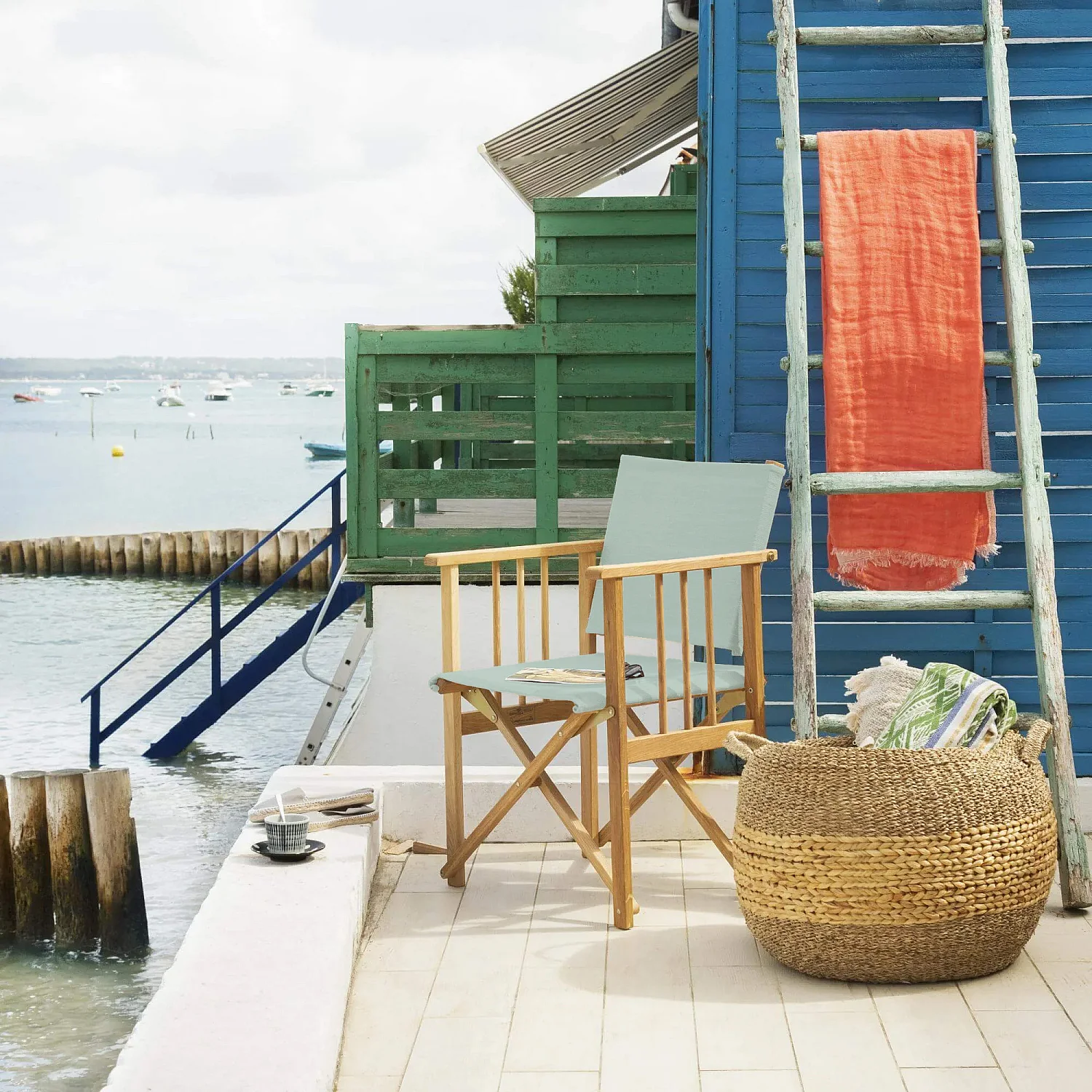 Lot de 2 chaises de jardin pliantes en chêne et toiles en coton - Vert céladon - 1