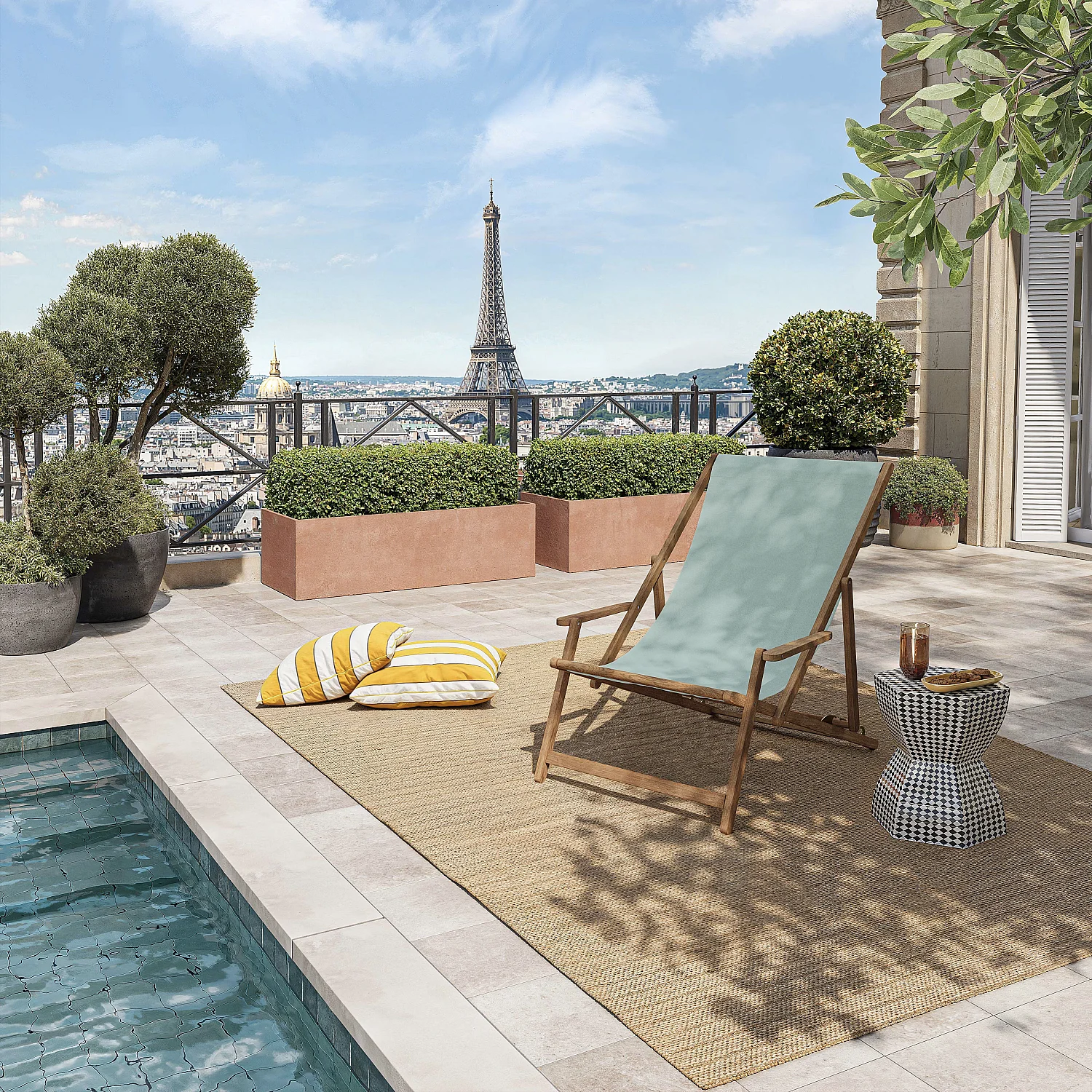 Chilienne avec accoudoirs en chêne et toile en coton - Vert céladon - 1