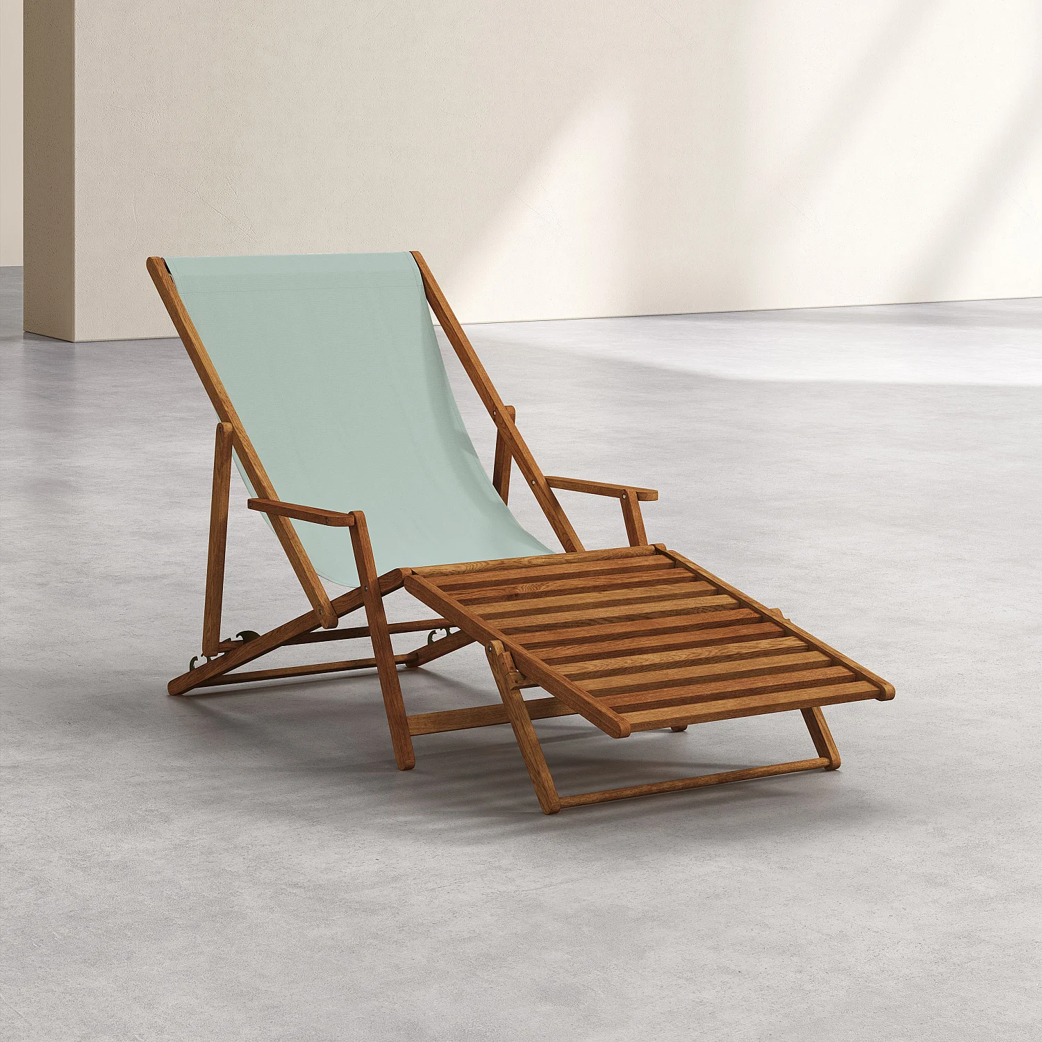 Chilienne en chêne avec accoudoirs et toile en coton avec repose-pieds - Vert céladon - 2