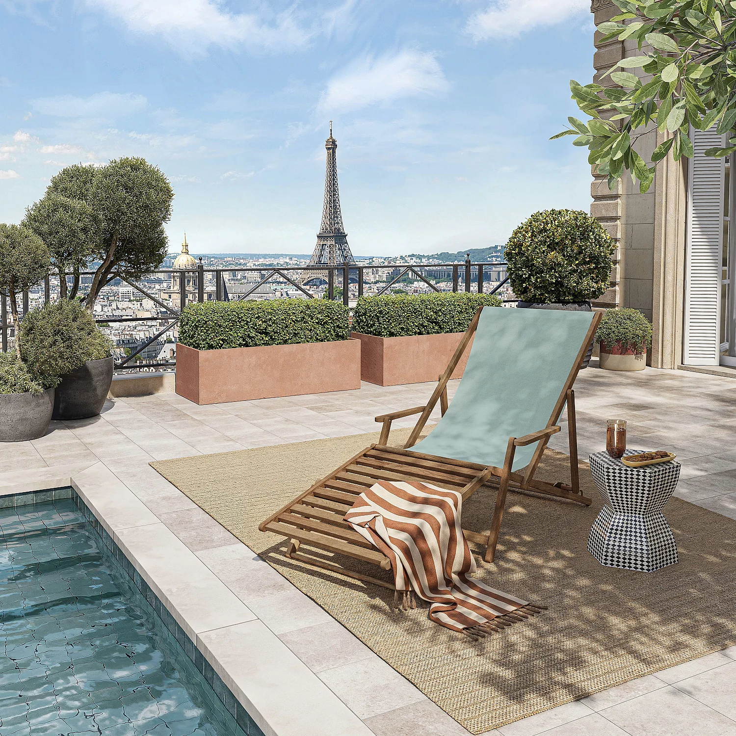 Chilienne en chêne avec accoudoirs et toile en coton avec repose-pieds - Vert céladon - 1