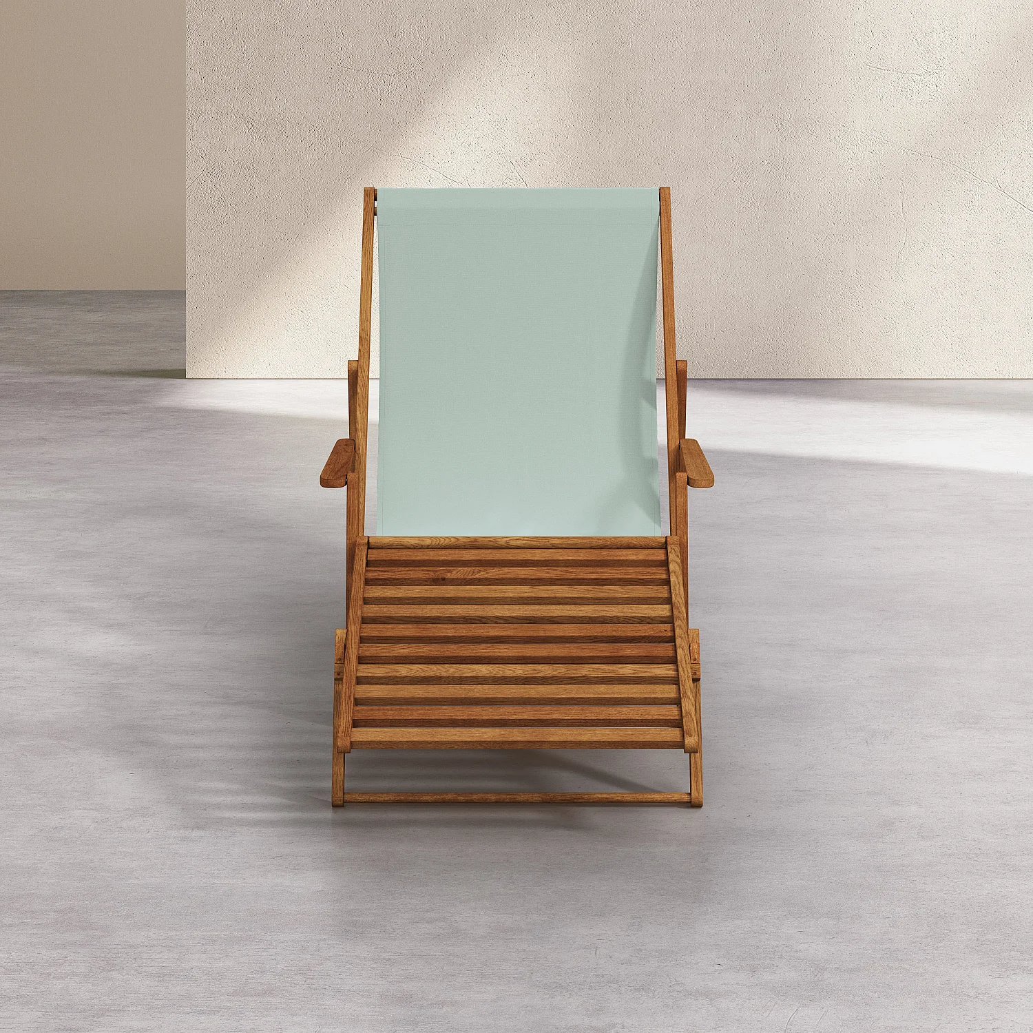 Chilienne en chêne avec accoudoirs et toile en coton avec repose-pieds - Vert céladon - 3