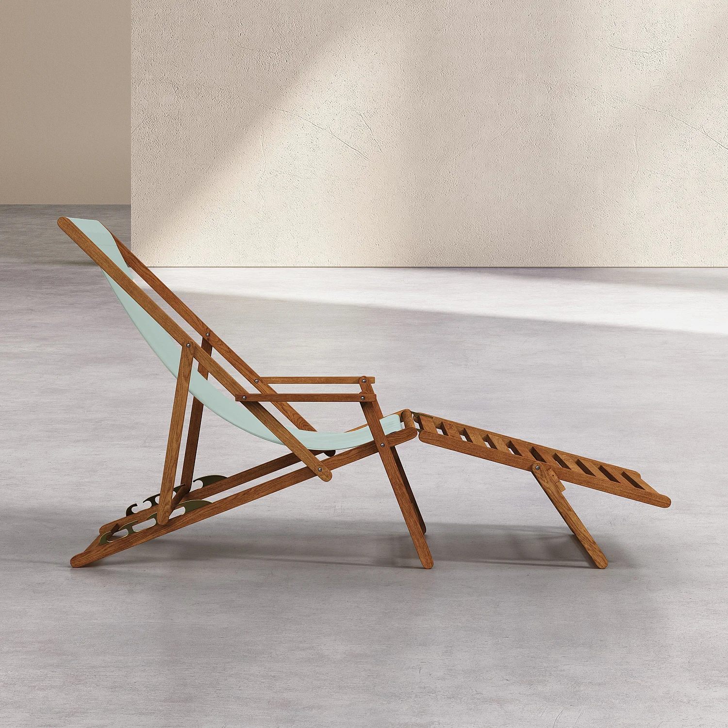 Chilienne en chêne avec accoudoirs et toile en coton avec repose-pieds - Vert céladon - 6