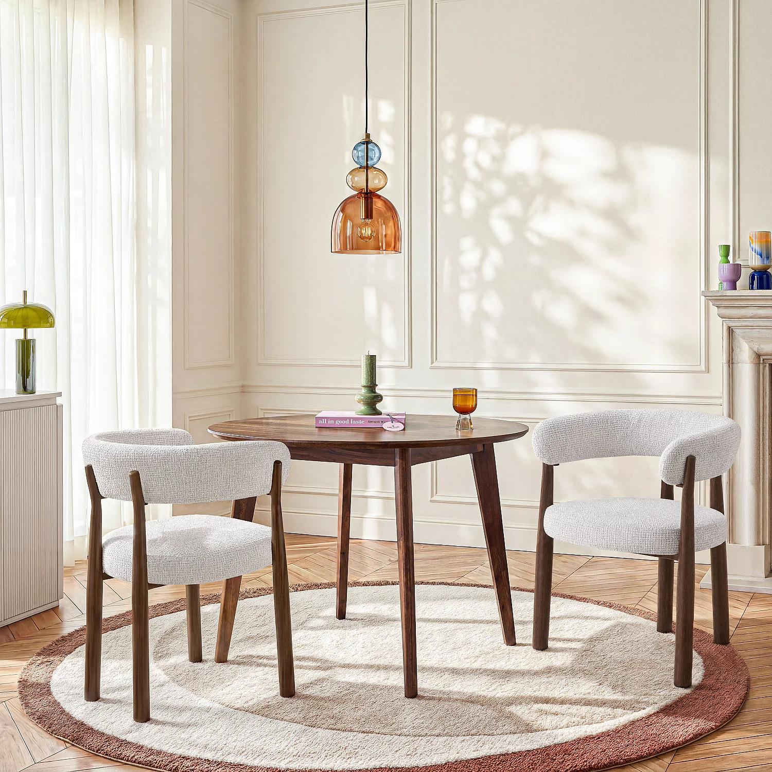 Lot de 2 chaises en tissu et métal finition noyer avec accoudoirs - Blanc cassé - 3