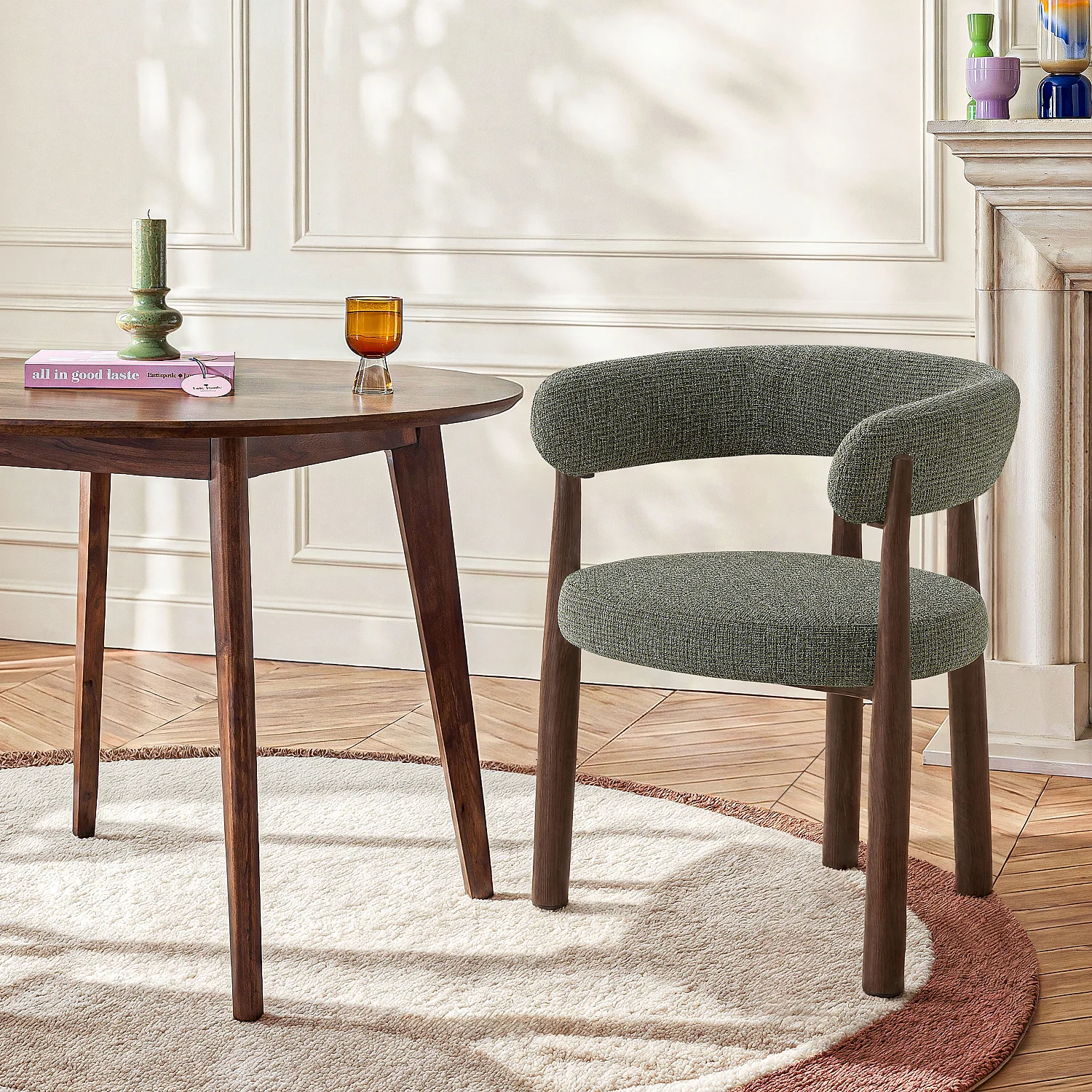 Lot de 2 chaises en tissu et métal finition noyer avec accoudoirs - Vert sapin - 1