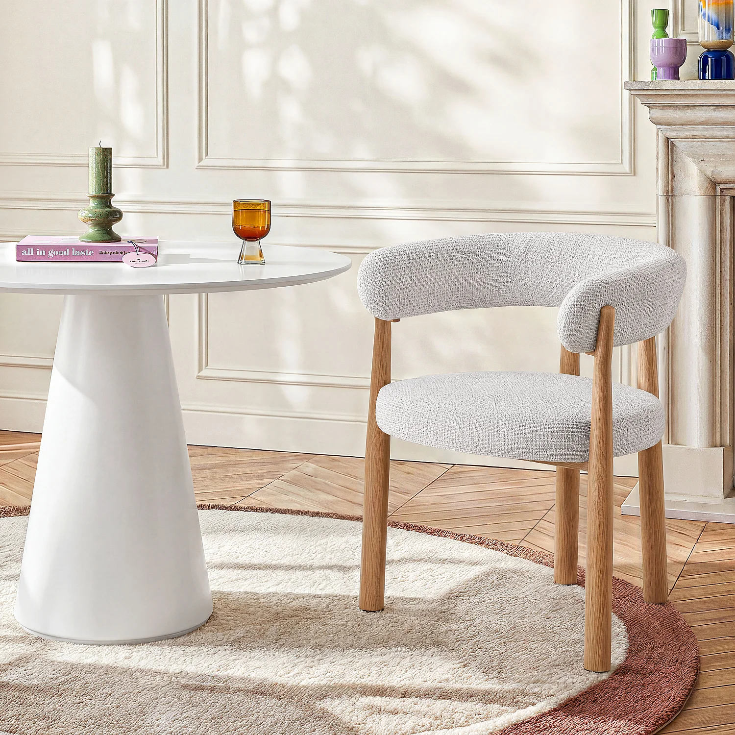 Lot de 2 chaises en tissu et métal finition chêne avec accoudoirs - Blanc cassé - 1