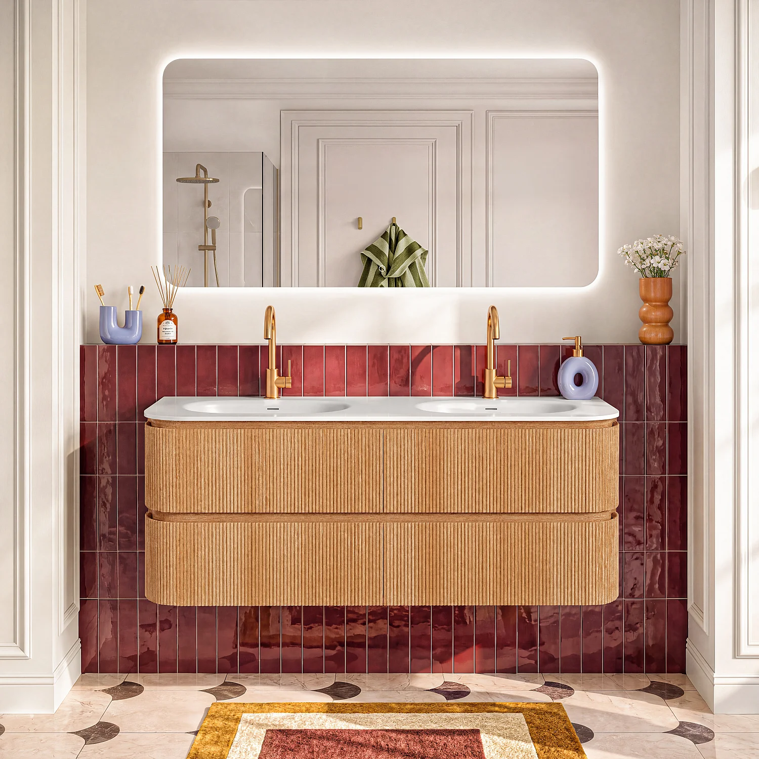 Doppelwaschbeckenunterschrank hängend mit 4 Schubladen mit Eichenfinish - 150 cm - Natur - 6
