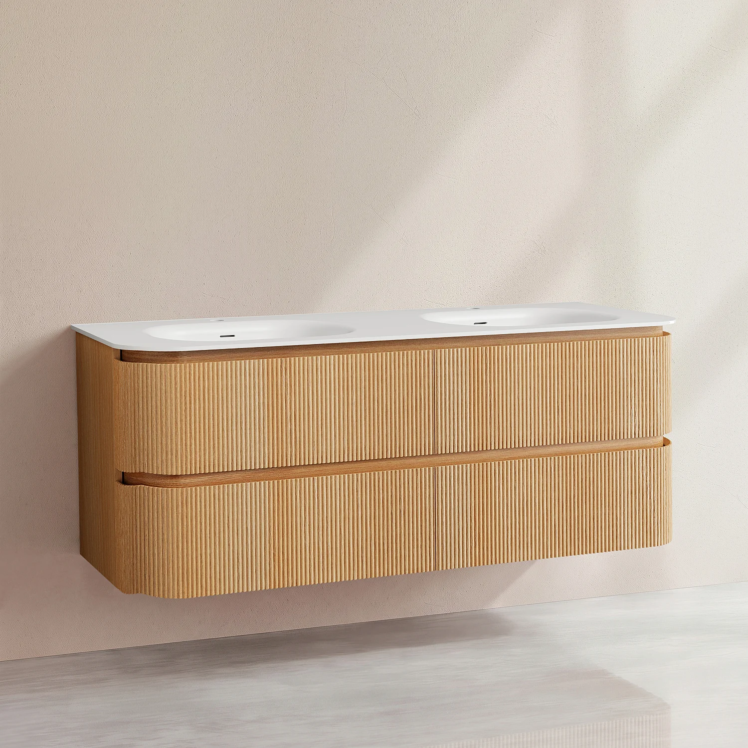 Doppelwaschbeckenunterschrank hängend mit 4 Schubladen mit Eichenfinish - 150 cm - Natur - 3