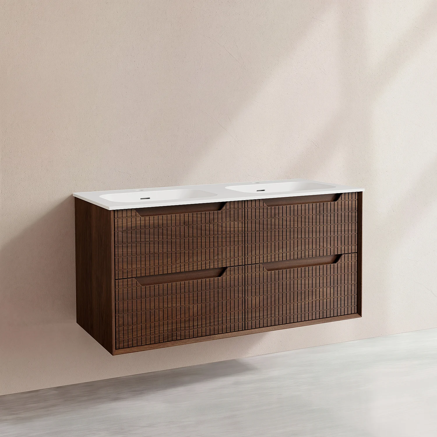 Doppelwaschbeckenunterschrank hängend mit 4 Schubladen mit Nussbaumfinish - 120 cm - Dunkelnatur - 3