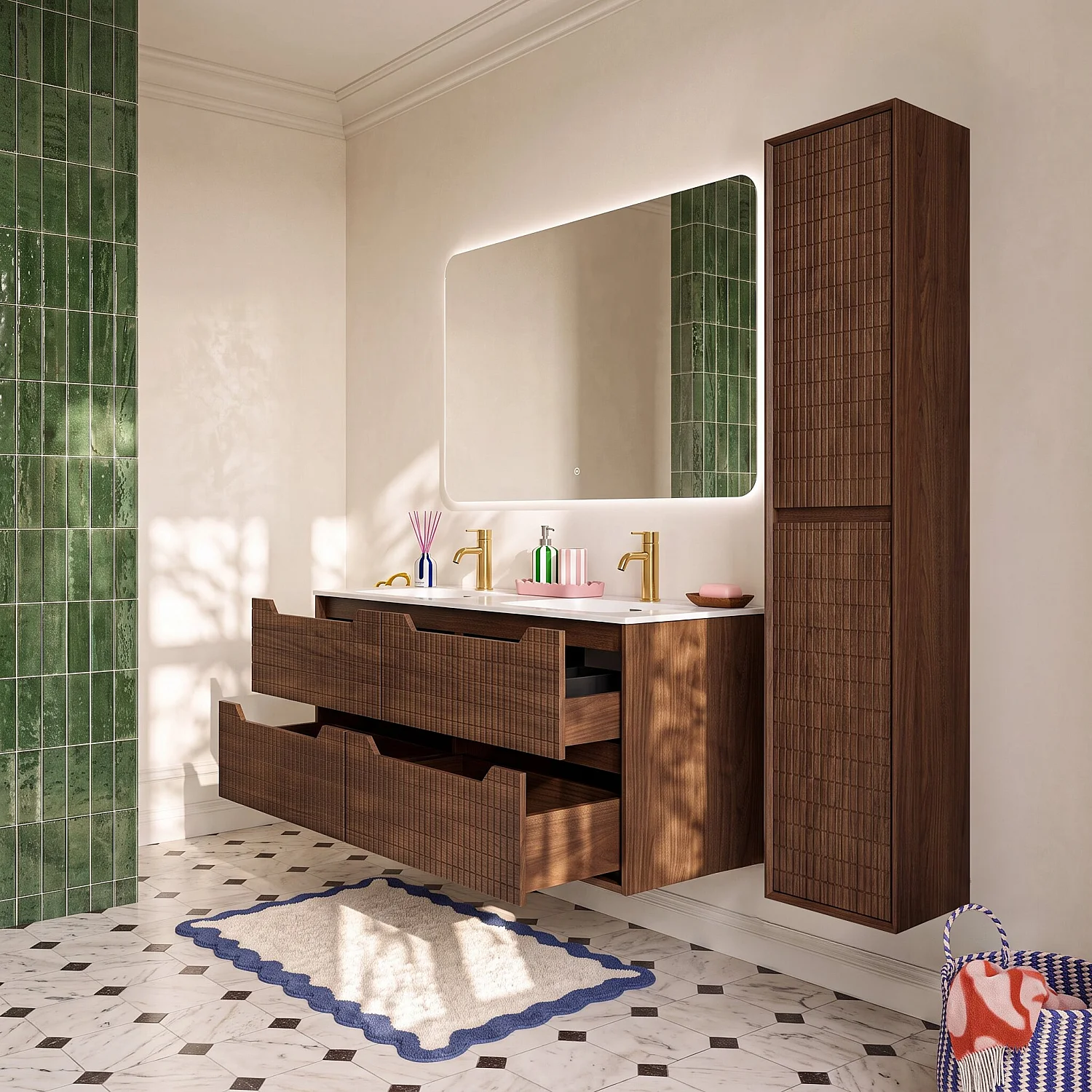 Hängender Badschrank mit 2 Türen mit Nussbaumfinish - Dunkelnatur - 6
