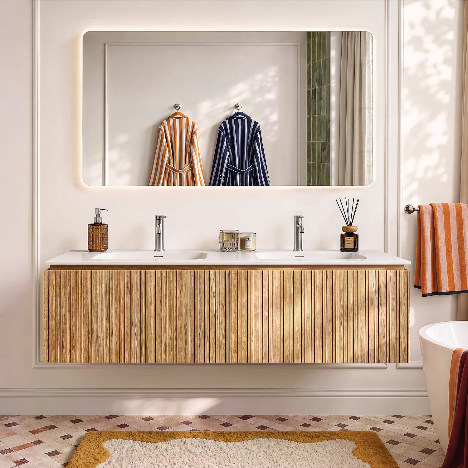 Doppelwaschbeckenunterschrank hängend mit 2 Schubladen mit Eichenfinish - 160 cm - Natur - 4