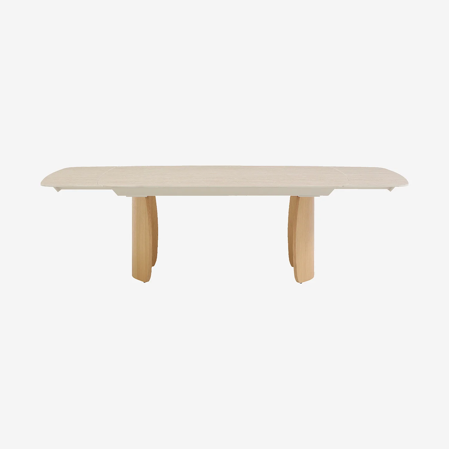 Table rectangulaire extensible en céramique effet travertin et pieds finition chêne - Beige - 7