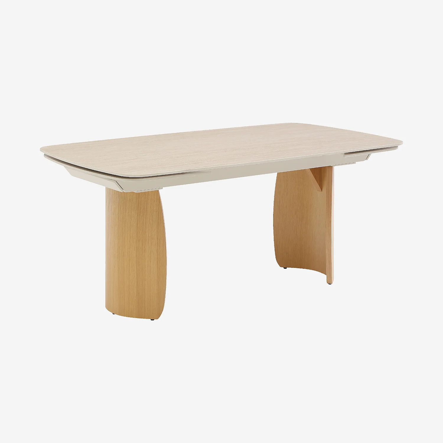 Table rectangulaire extensible en céramique effet travertin et pieds finition chêne - Beige - 6