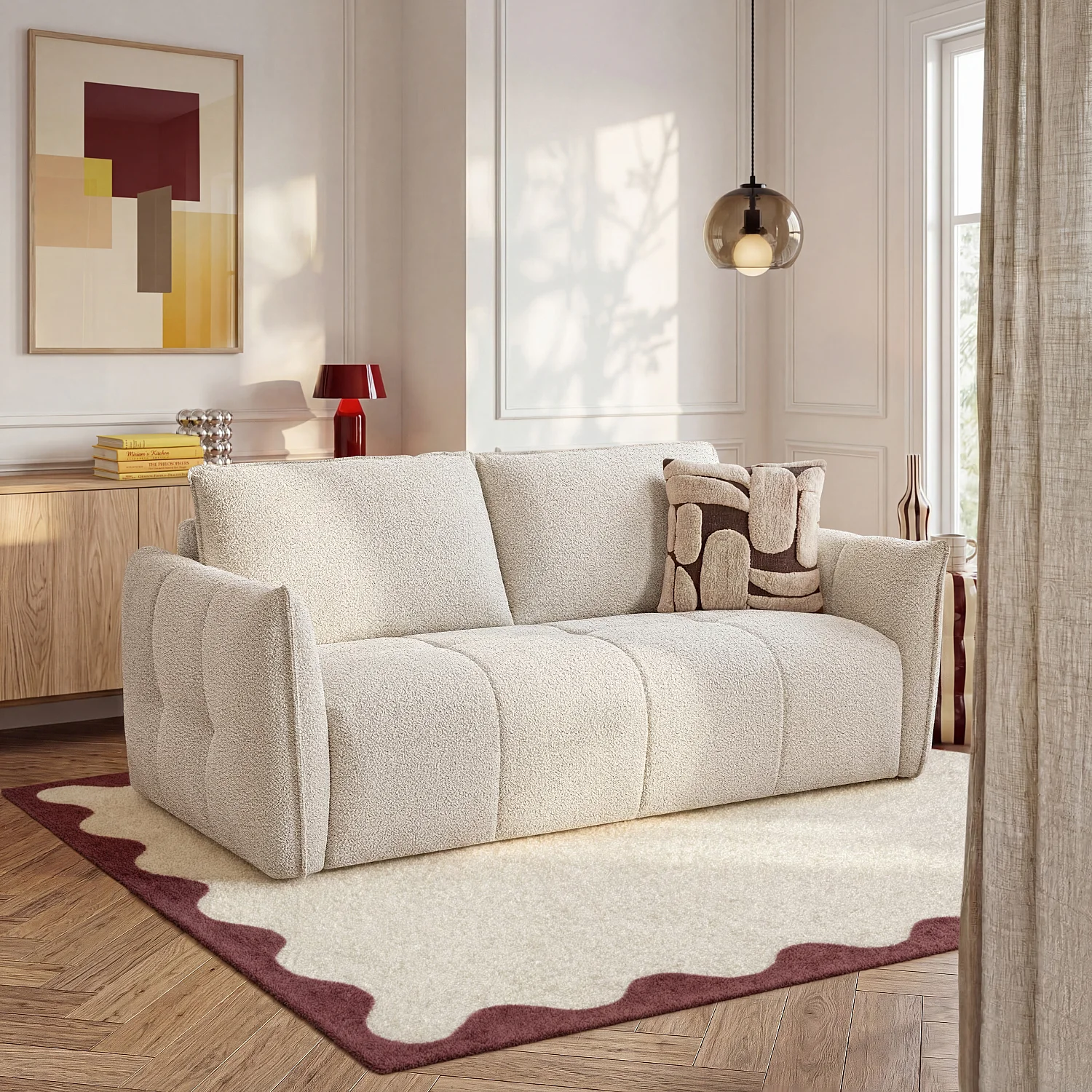 Canapé convertible 2 places - Couchage 140 cm - Matelas 13 cm - Tissu bouclette Tolfa - Crème - 1