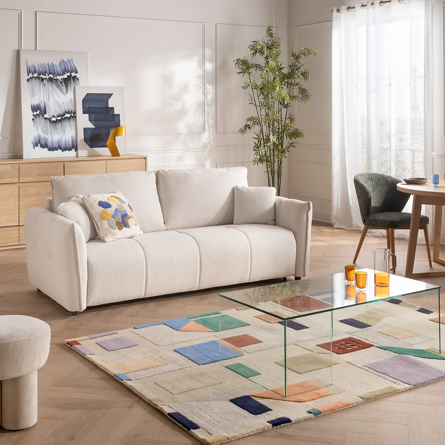 Canapé convertible 3 places - Couchage 160 cm - Matelas 13 cm - Tissu bouclette Tolfa - Crème - 1