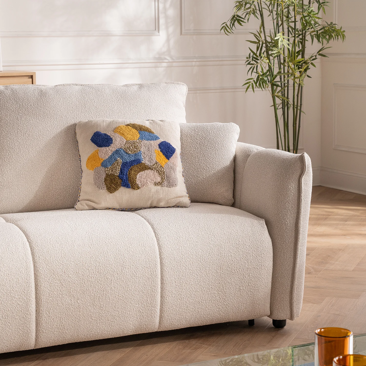 Canapé convertible 3 places - Couchage 160 cm - Matelas 13 cm - Tissu bouclette Tolfa - Crème - 3