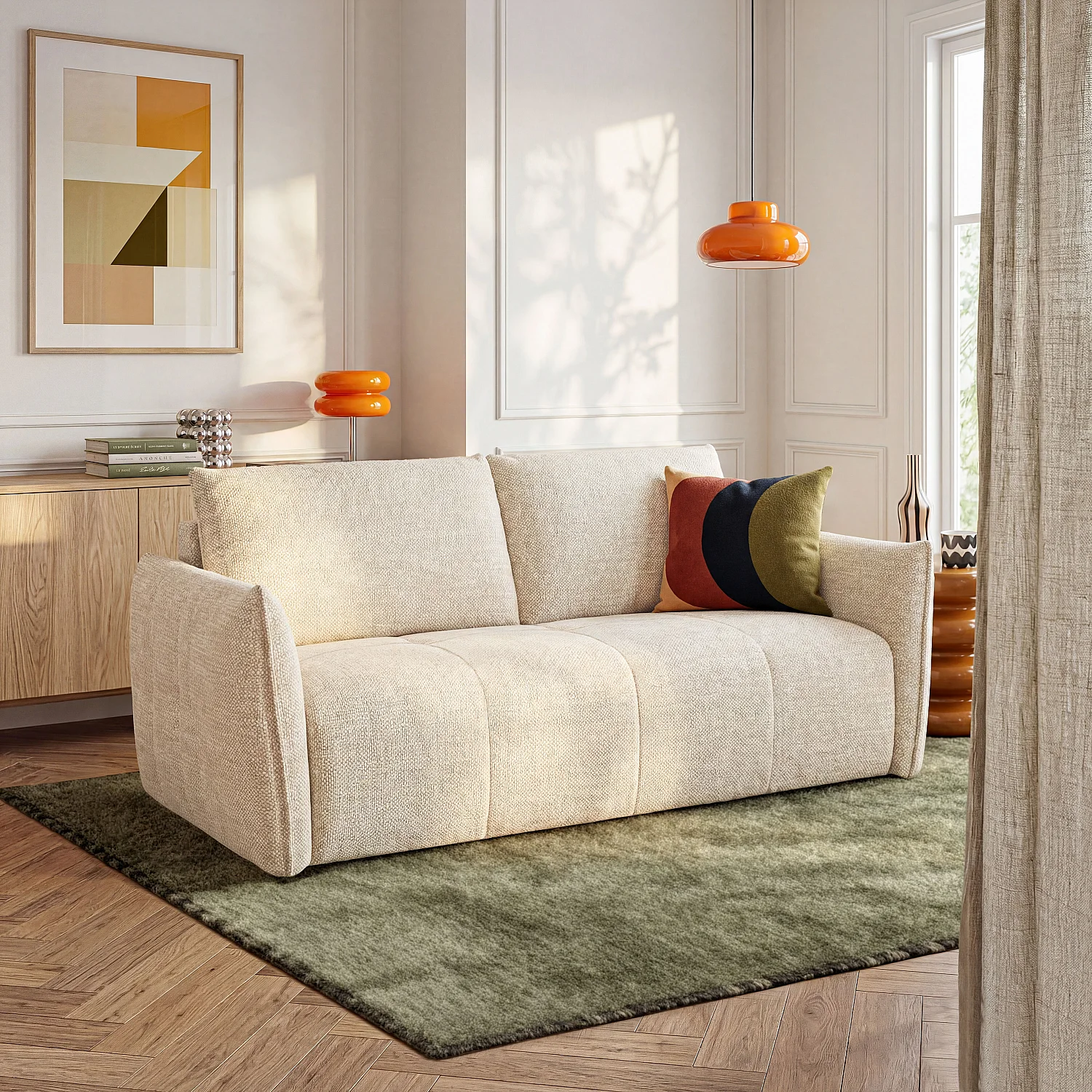 Canapé convertible 2 places - Couchage 140 cm - Matelas 13 cm - Tissu texturé - Beige - 1