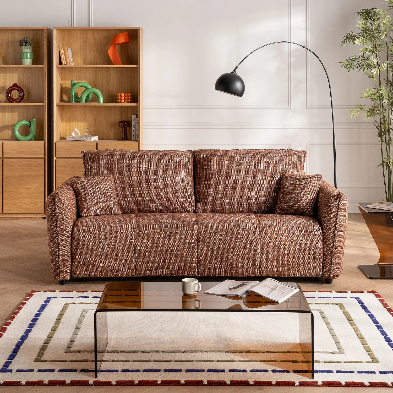 Canapé convertible 3 places - Couchage 160 cm - Matelas 13 cm - Tissu texturé Oria - Marron - 1