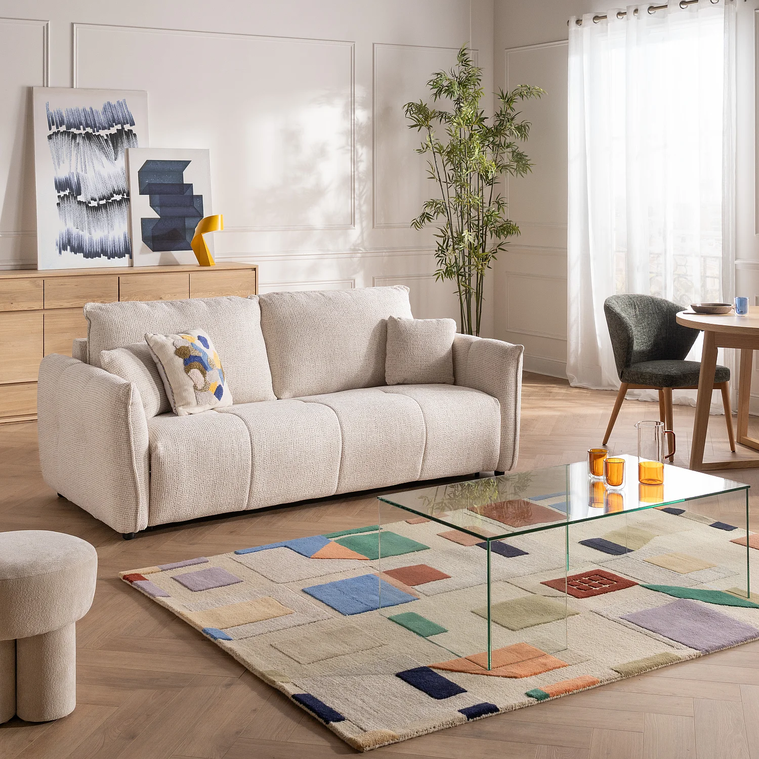 Canapé convertible 3 places - Couchage 160 cm - Matelas 13 cm - Tissu texturé Oria - Beige - 1