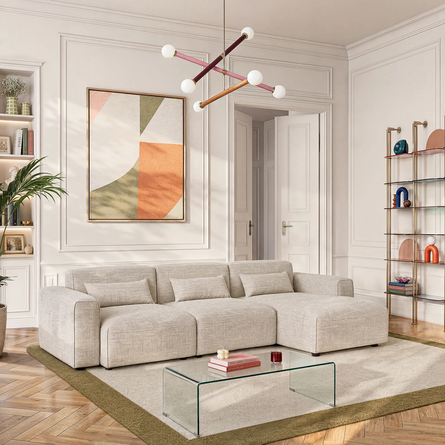 Chaise longue rechts van stof - Gemêleerd beige - 2