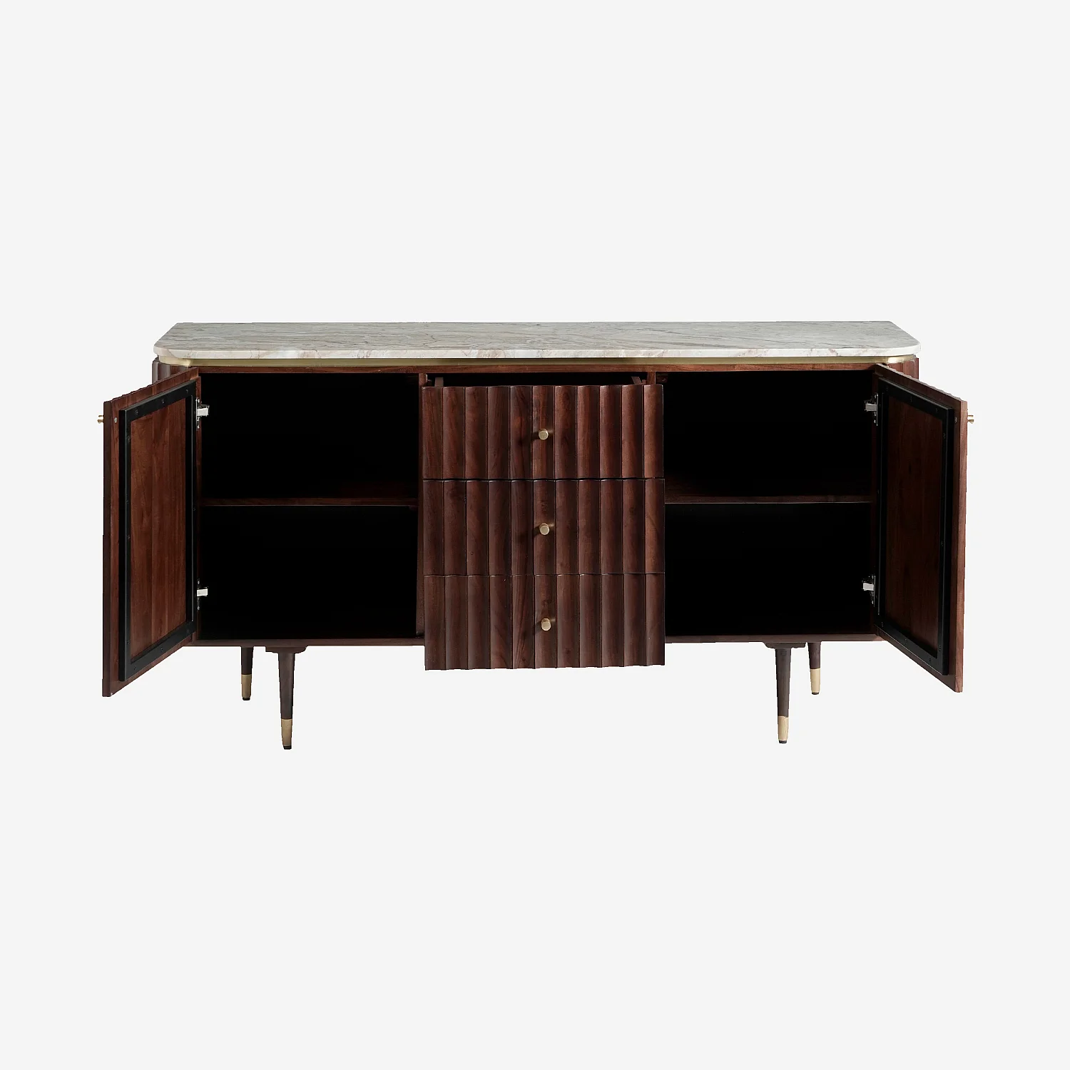 Buffet bas 2 portes et 3 tiroirs en bois massif avec plateau en marbre - Naturel foncé - 4