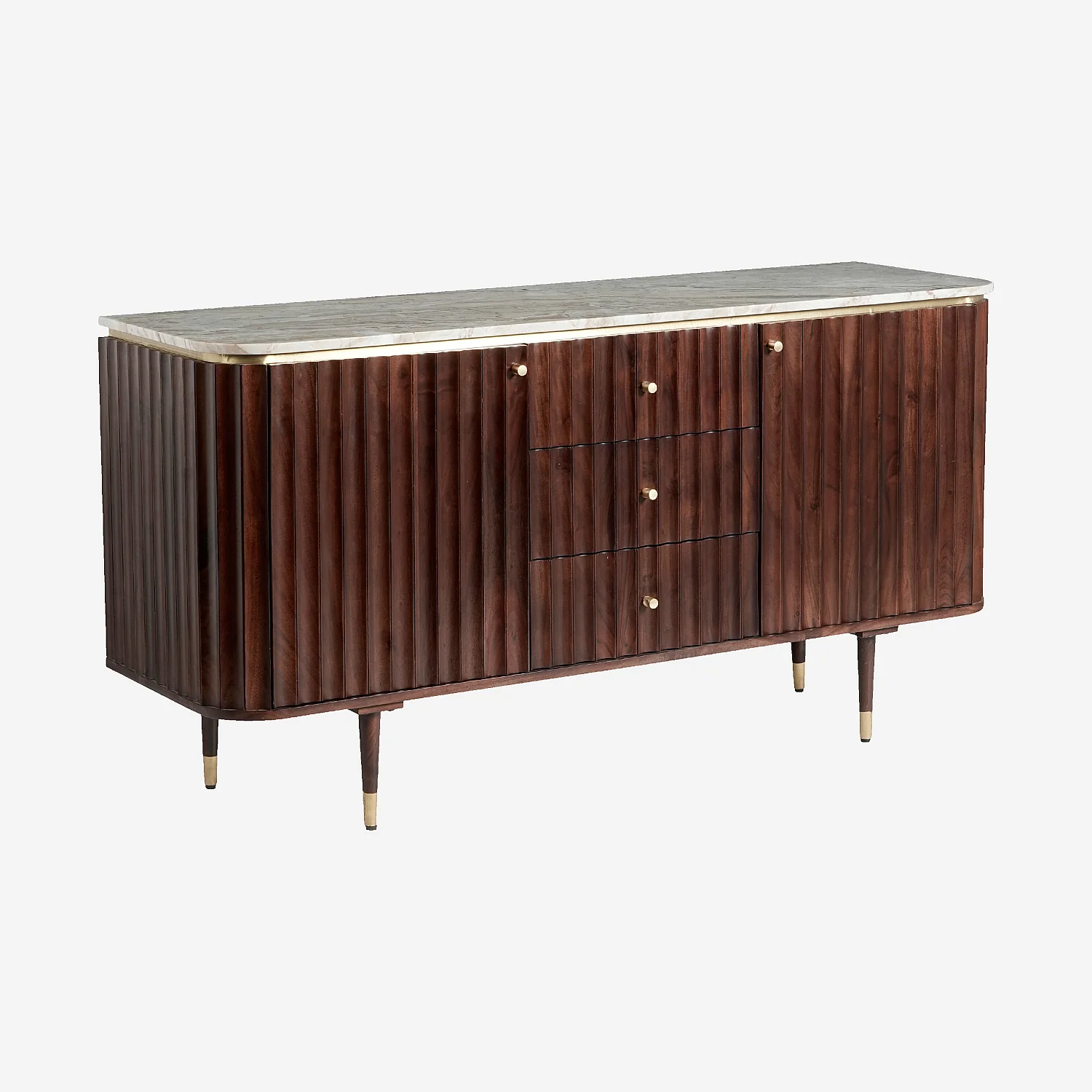 Buffet bas 2 portes et 3 tiroirs en bois massif avec plateau en marbre - Naturel foncé - 3