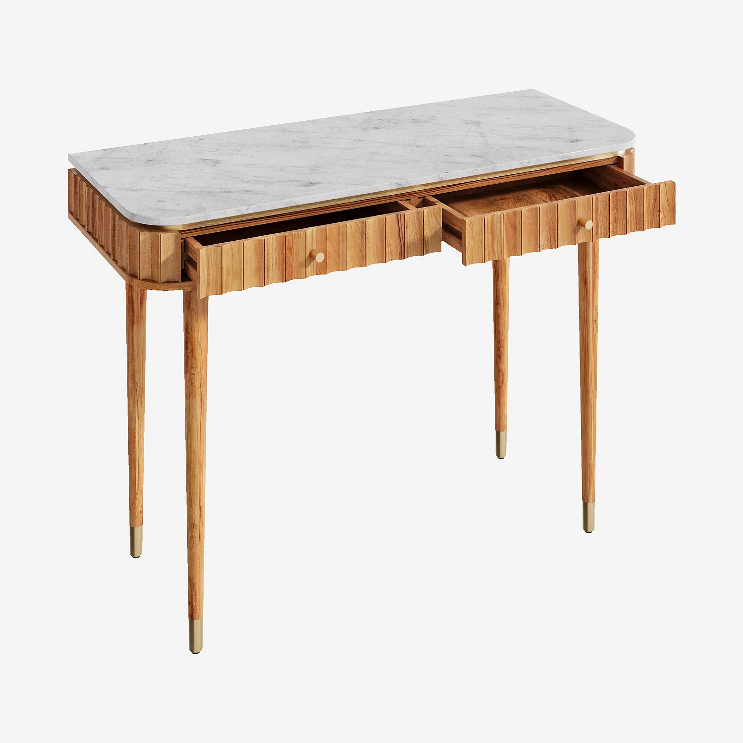 Console 2 tiroirs en bois massif avec plateau en marbre - Naturel - 4