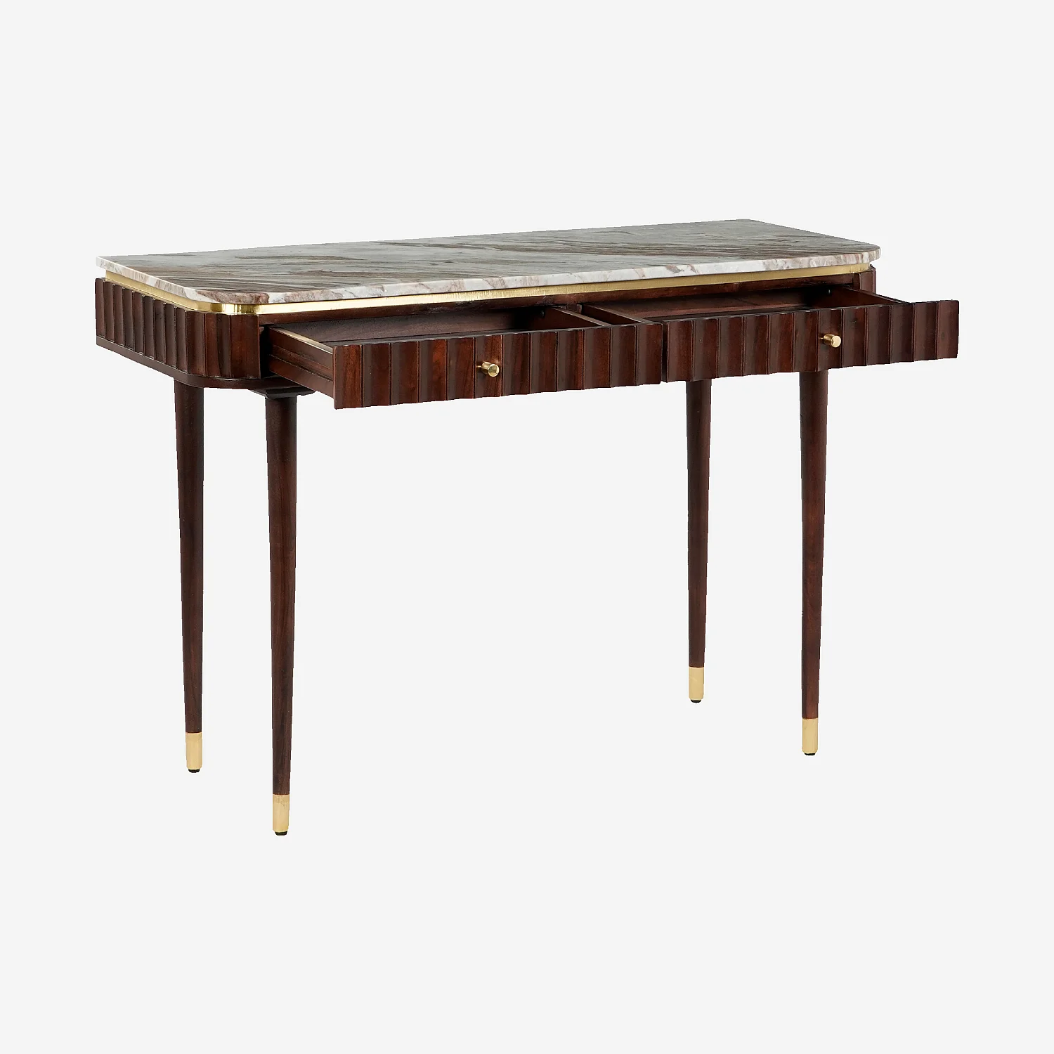 Console 2 tiroirs en bois massif avec plateau en marbre - Naturel foncé - 4
