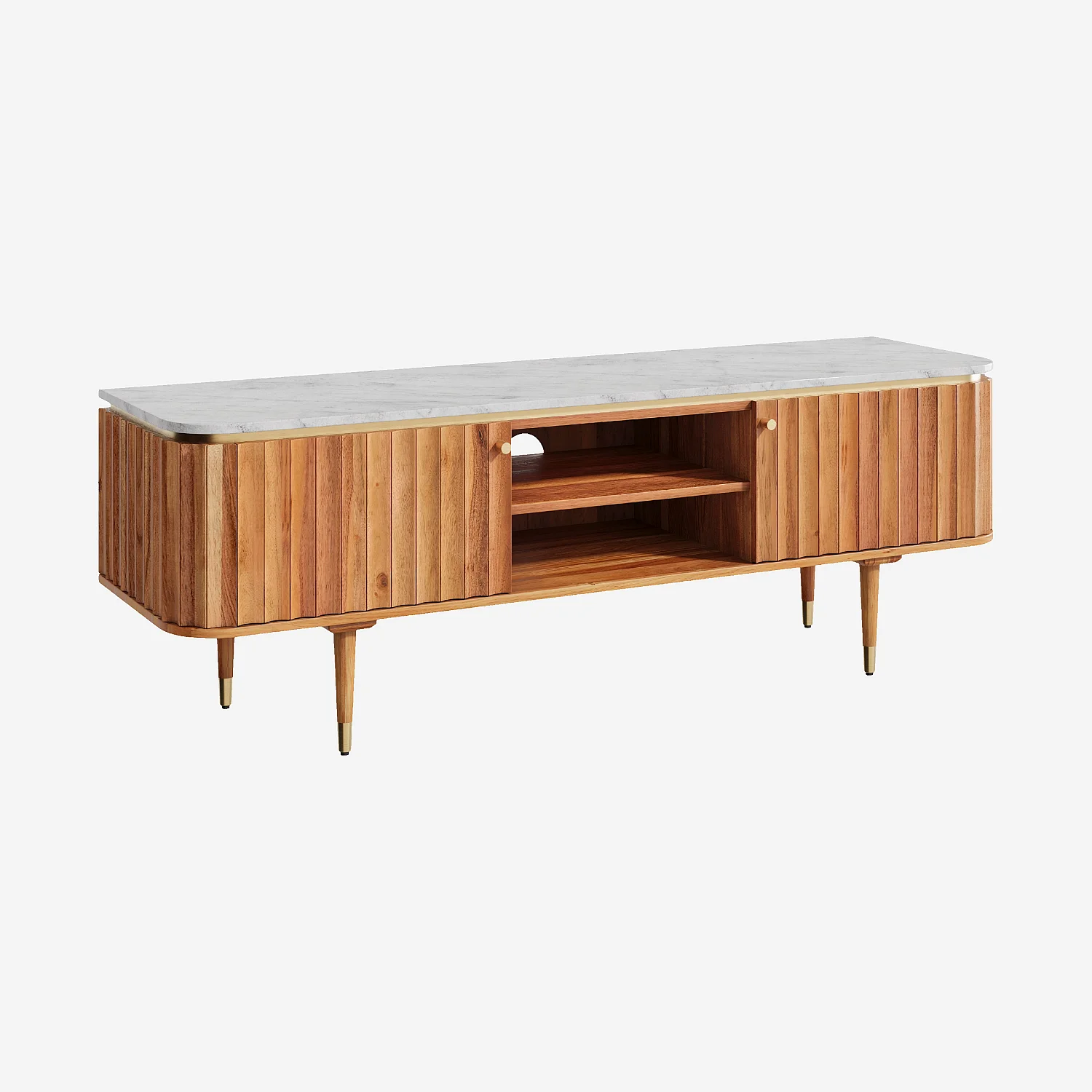 Meuble TV 2 portes en bois massif avec plateau en marbre - Naturel - 4