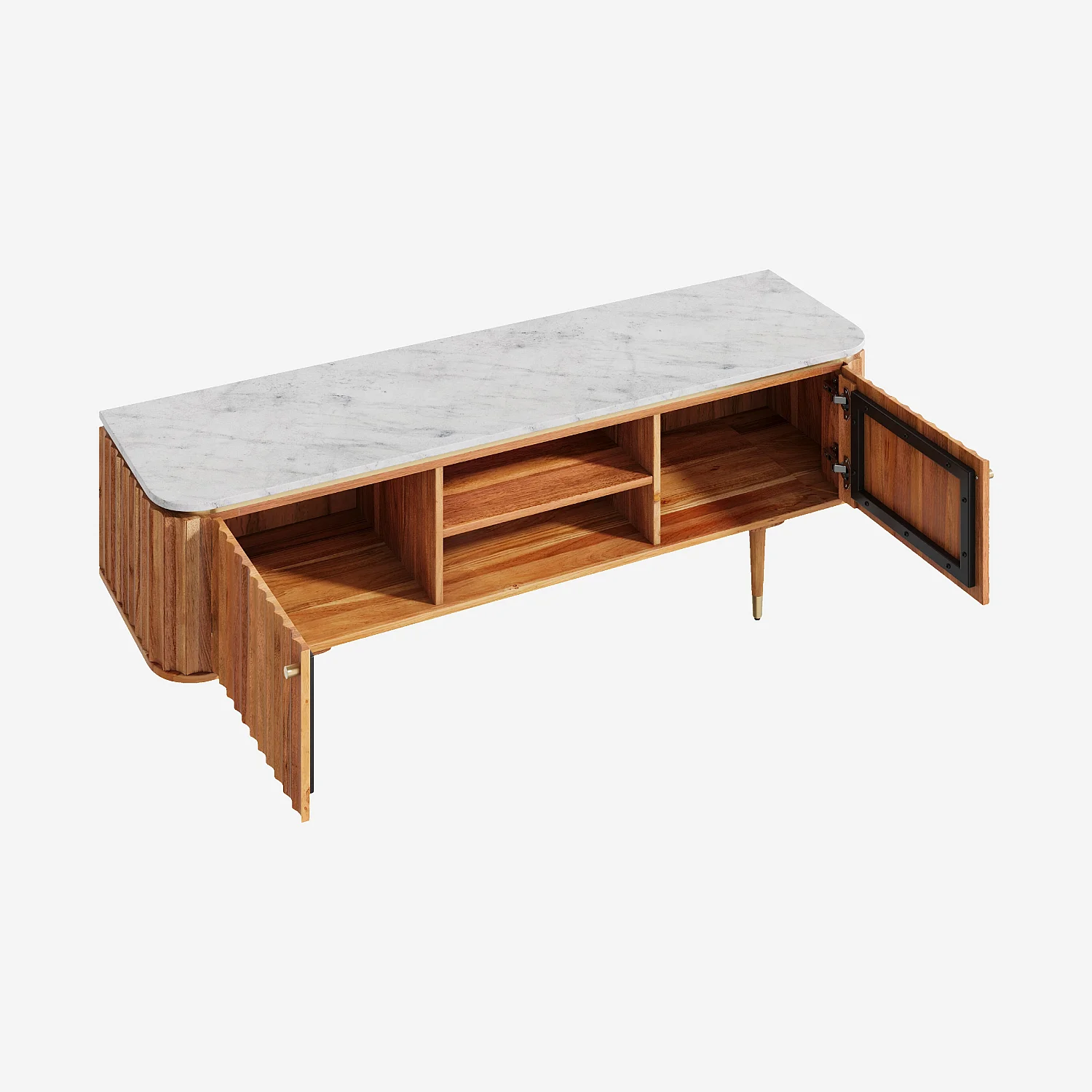 Meuble TV 2 portes en bois massif avec plateau en marbre - Naturel - 5