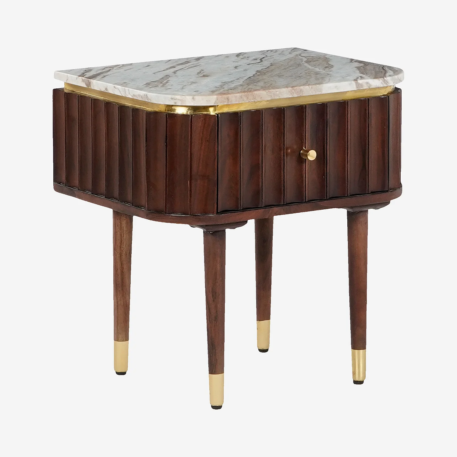 Table de chevet en bois massif avec plateau en marbre - Naturel foncé - 2
