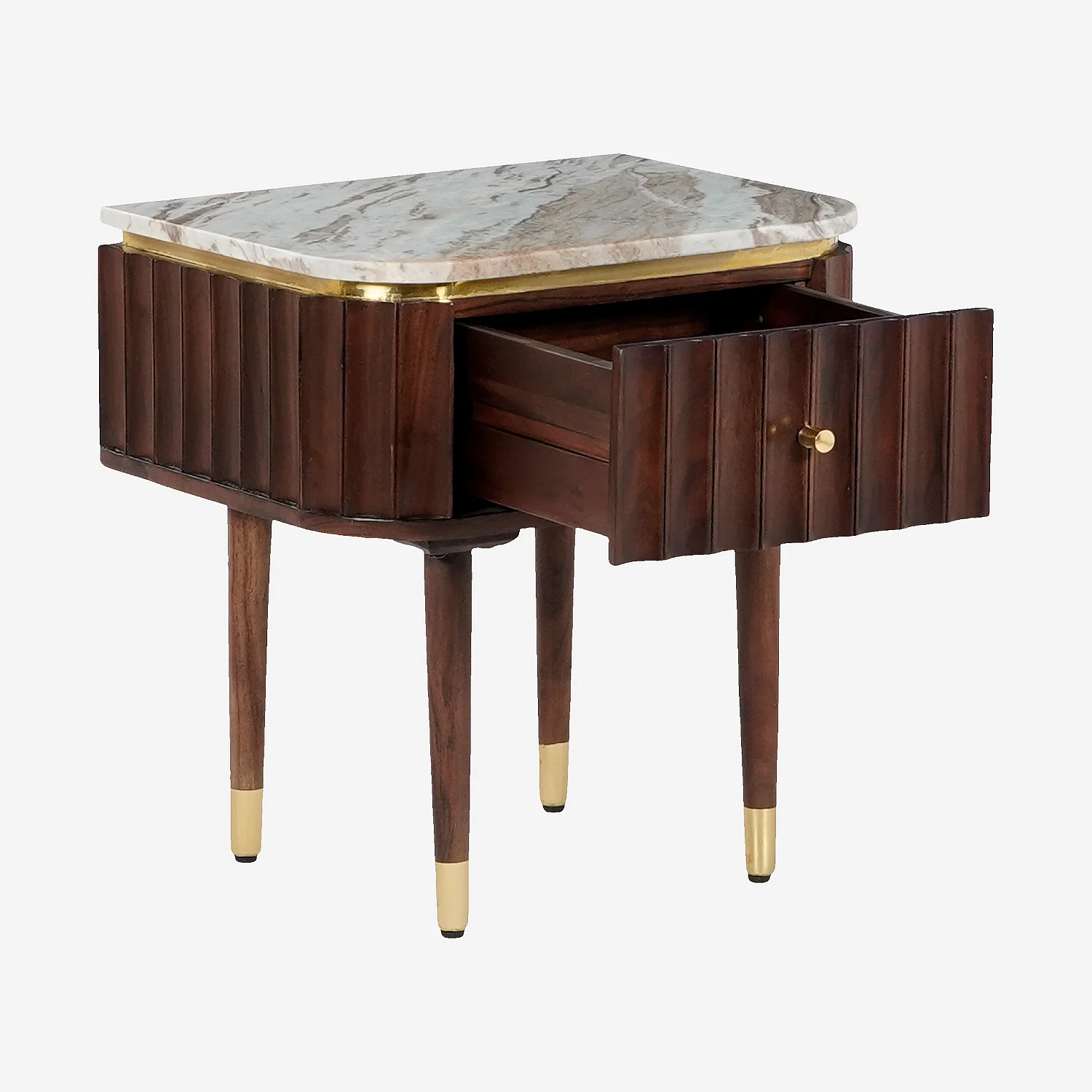 Table de chevet en bois massif avec plateau en marbre - Naturel foncé - 3