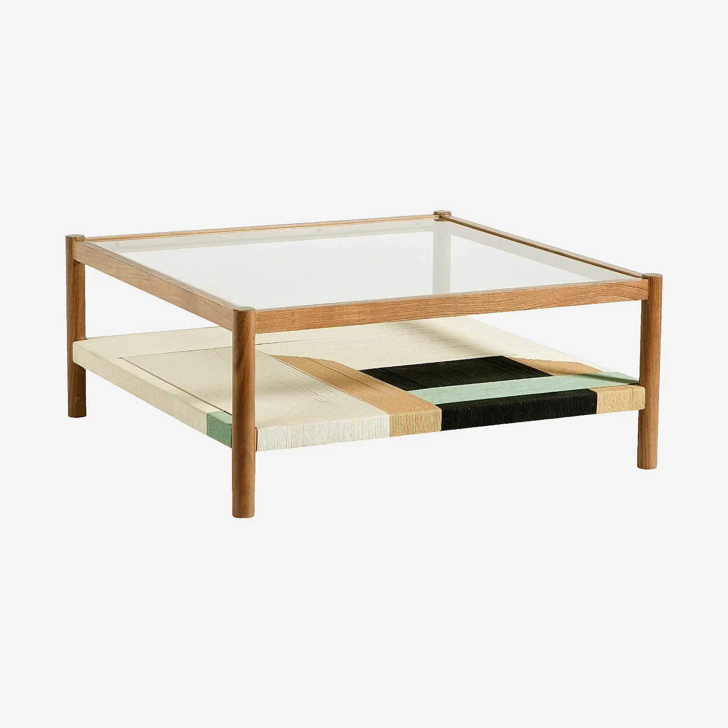 Table basse carrée en bois massif, verre trempé et fils de coton tissés - Naturel - 3