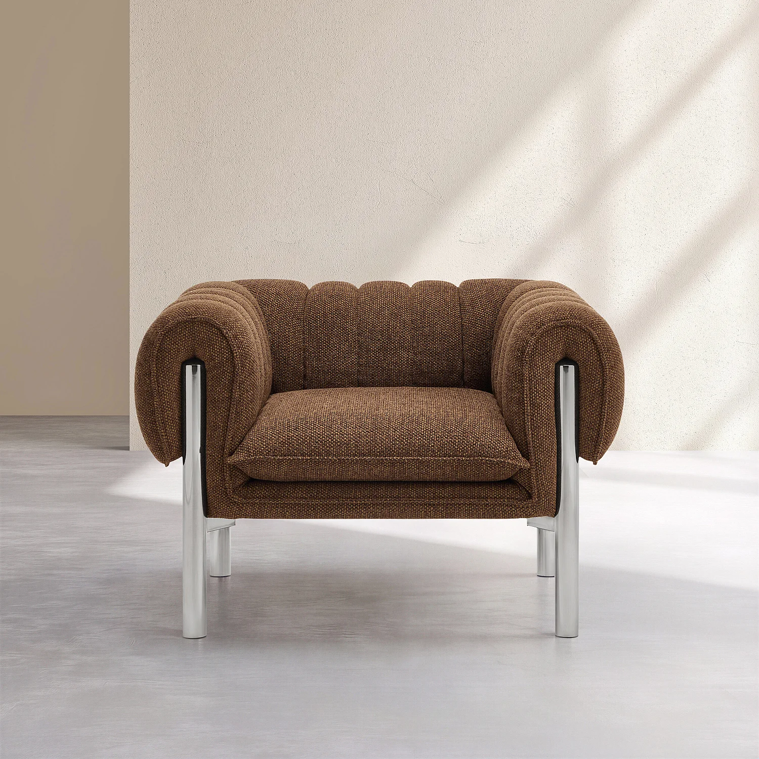 Sillón de tejido chenilla y metal cromado - Marrón chocolate - 2
