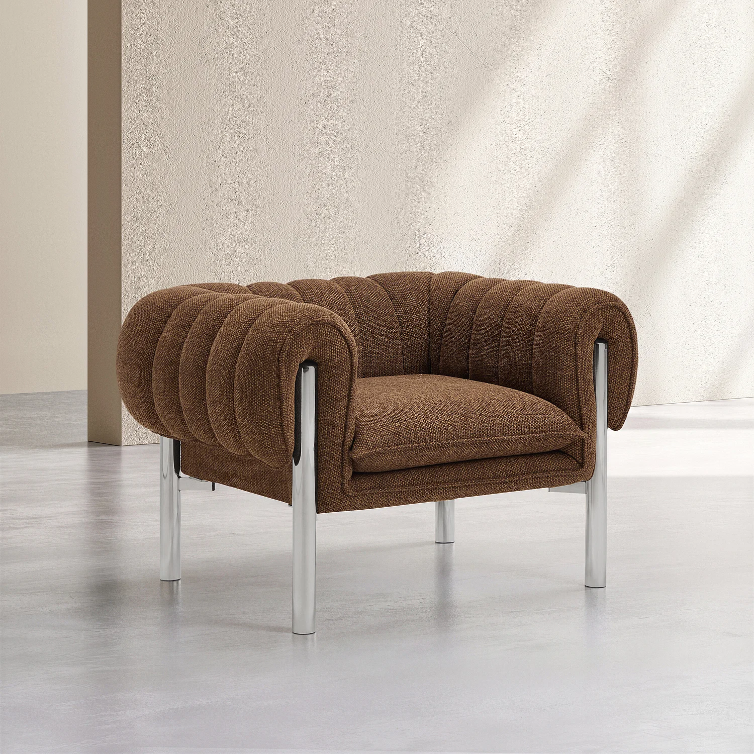 Sillón de tejido chenilla y metal cromado - Marrón chocolate - 4