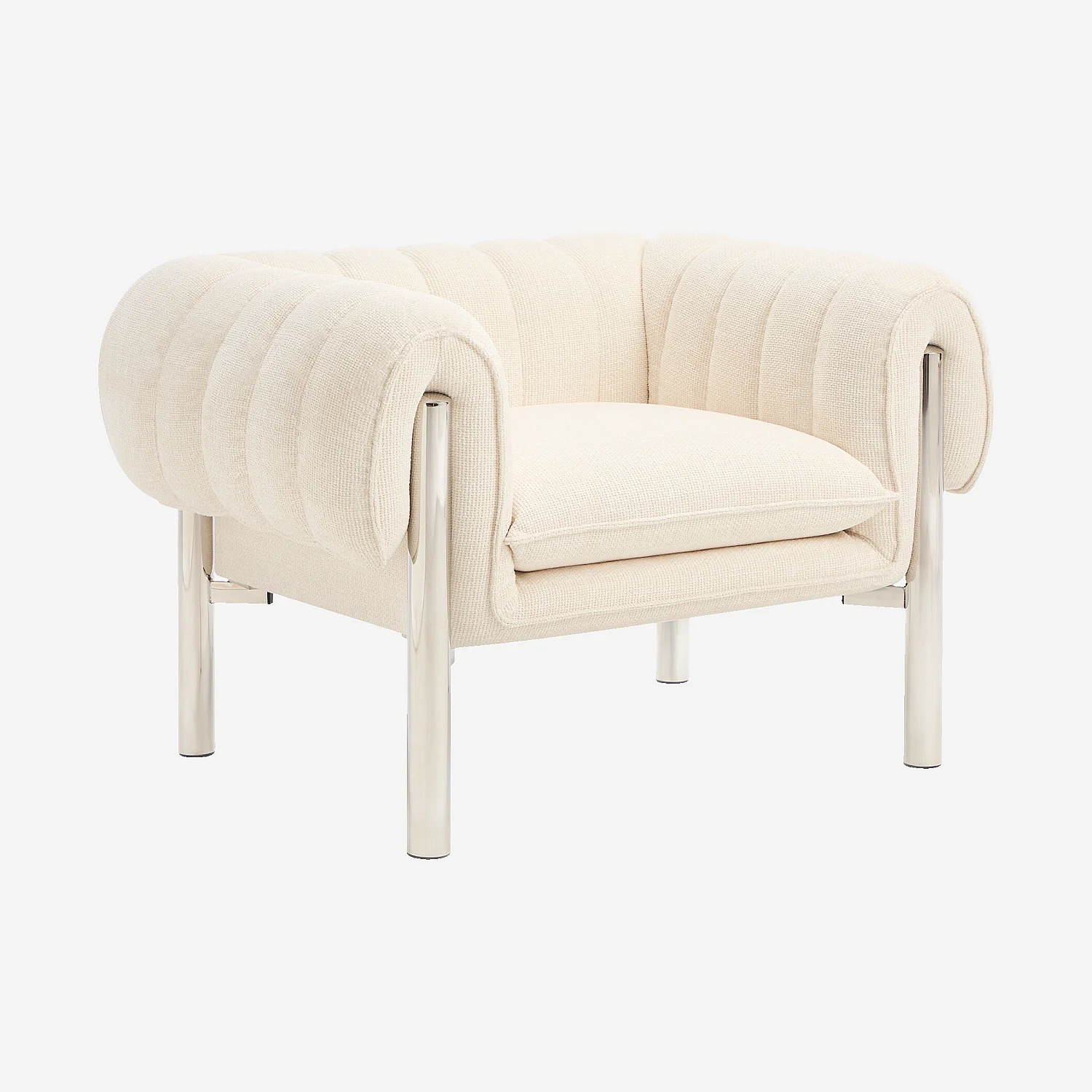 Fauteuil en tissu chenille et métal chromé - Ecru - 3