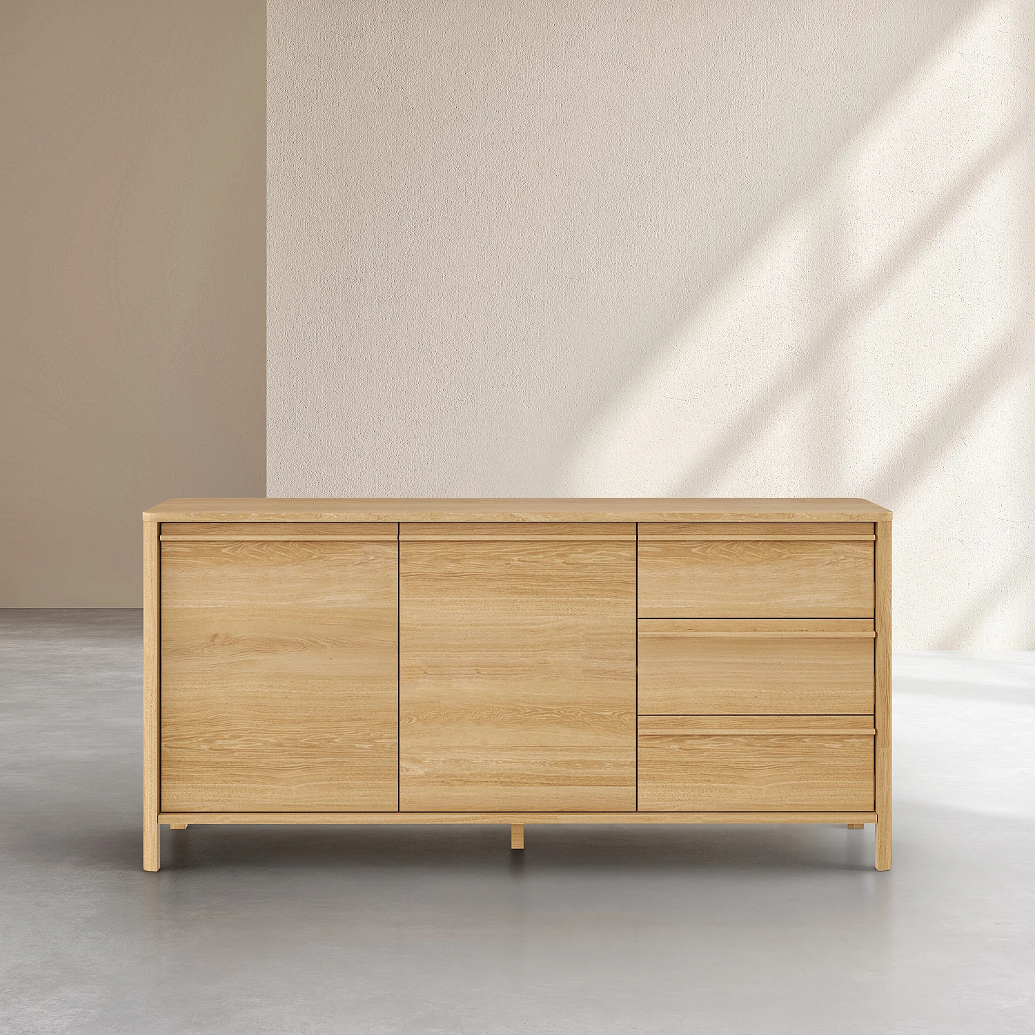 Niedriges Sideboard mit 2 Türen und 3 Schubladen aus Eiche
