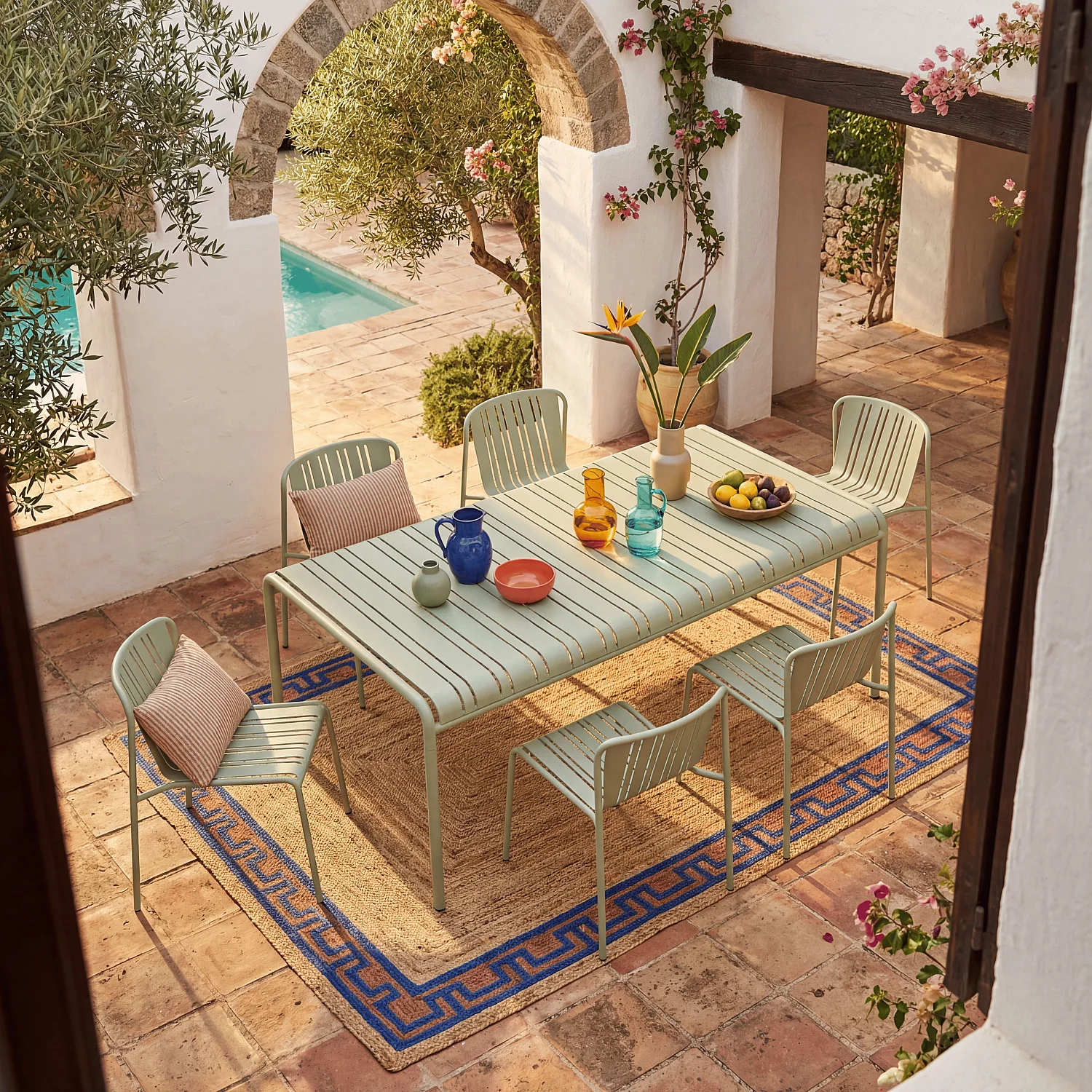 Tuintafel 180 x 100 cm met 6 tuinstoelen - Pistachegroen - 1