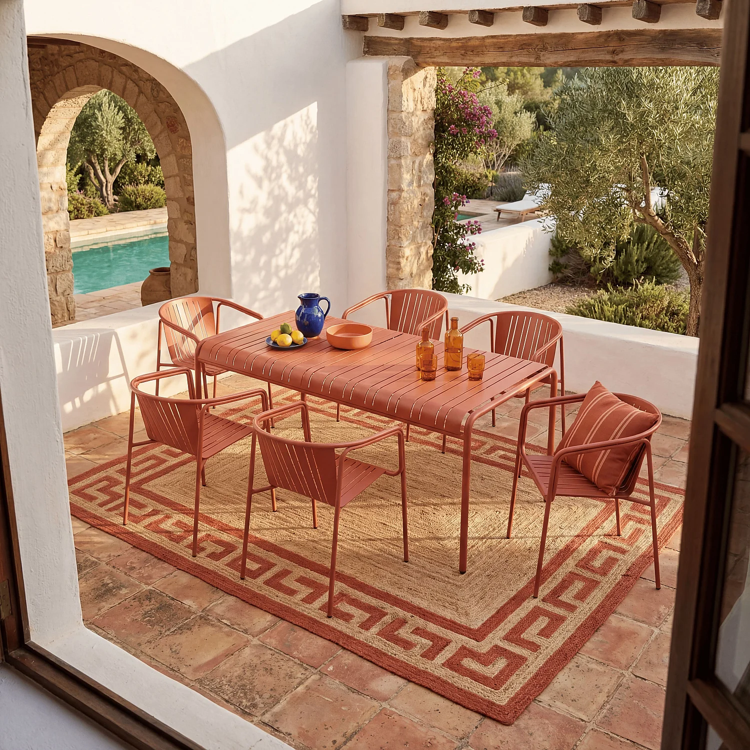 Tuintafel 180 x 100 cm met 6 tuinstoelen met armleuningen - Terracotta - 1