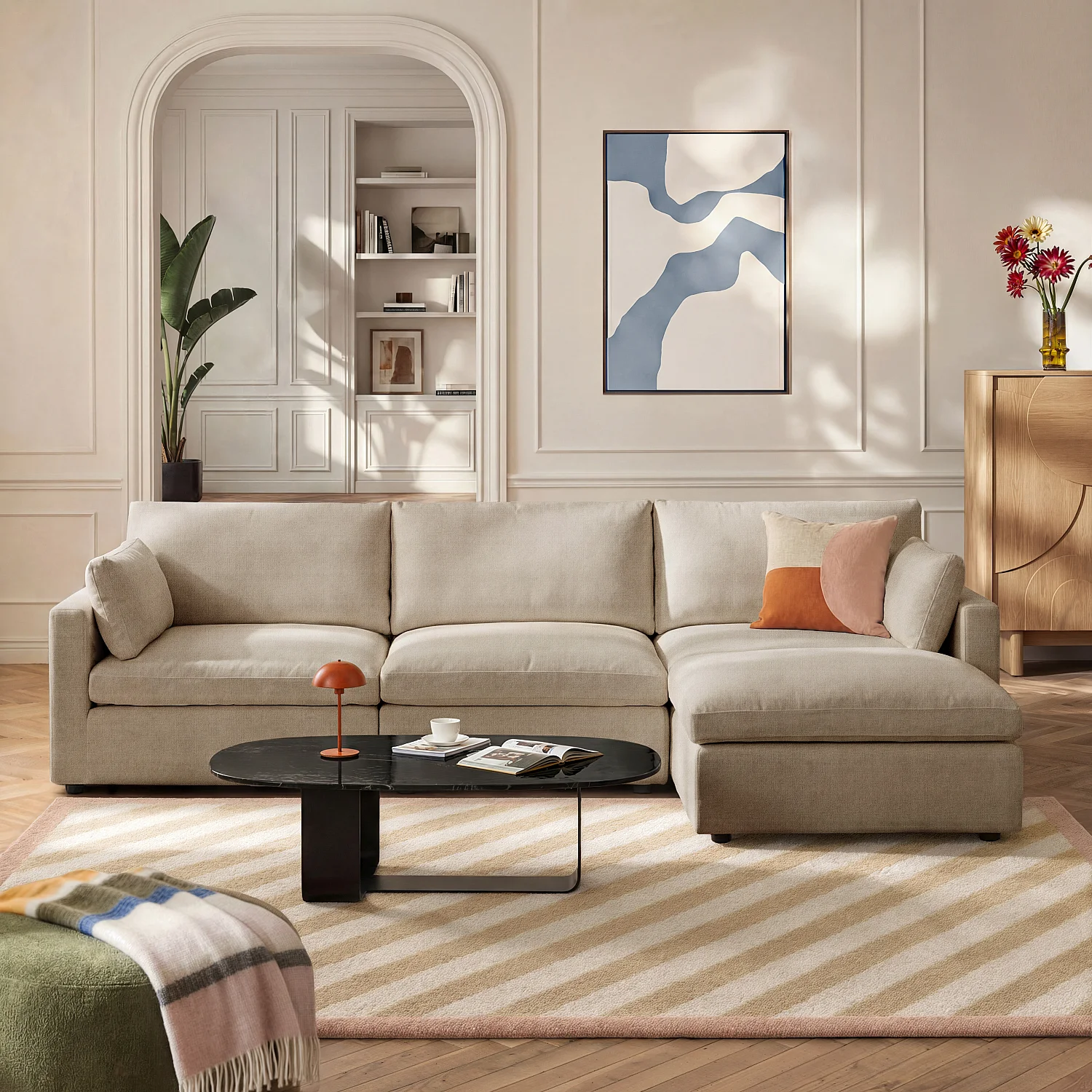 Canapé 4 places modulable avec repose pieds en tissu - Taupe - 3