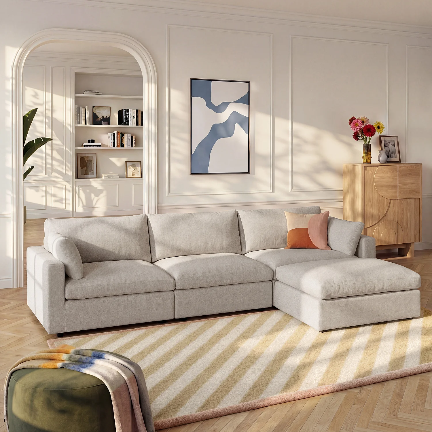 Canapé 4 places modulable avec repose pieds en tissu - Taupe - 1