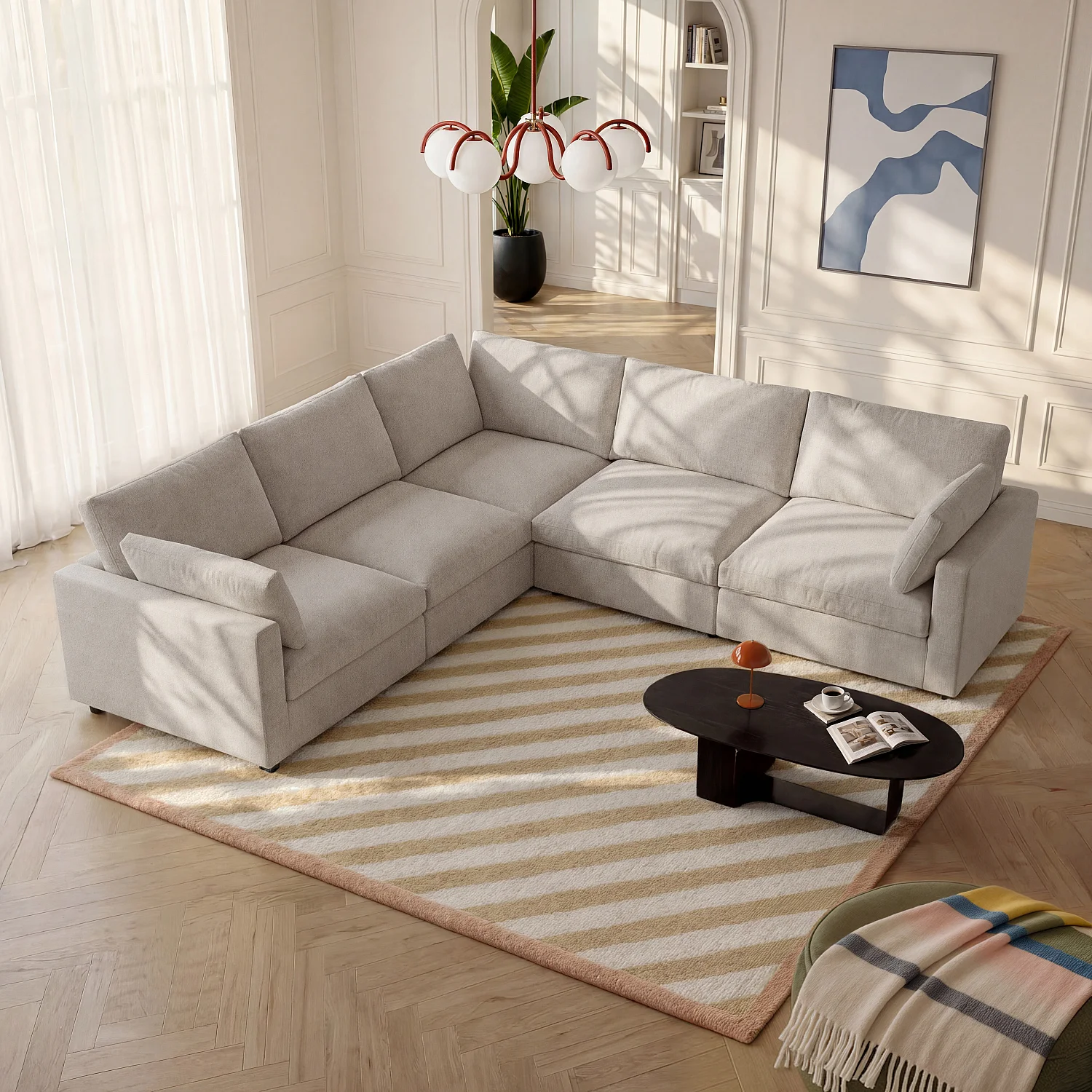 Canapé d'angle 6 places modulable en tissu - Taupe - 1