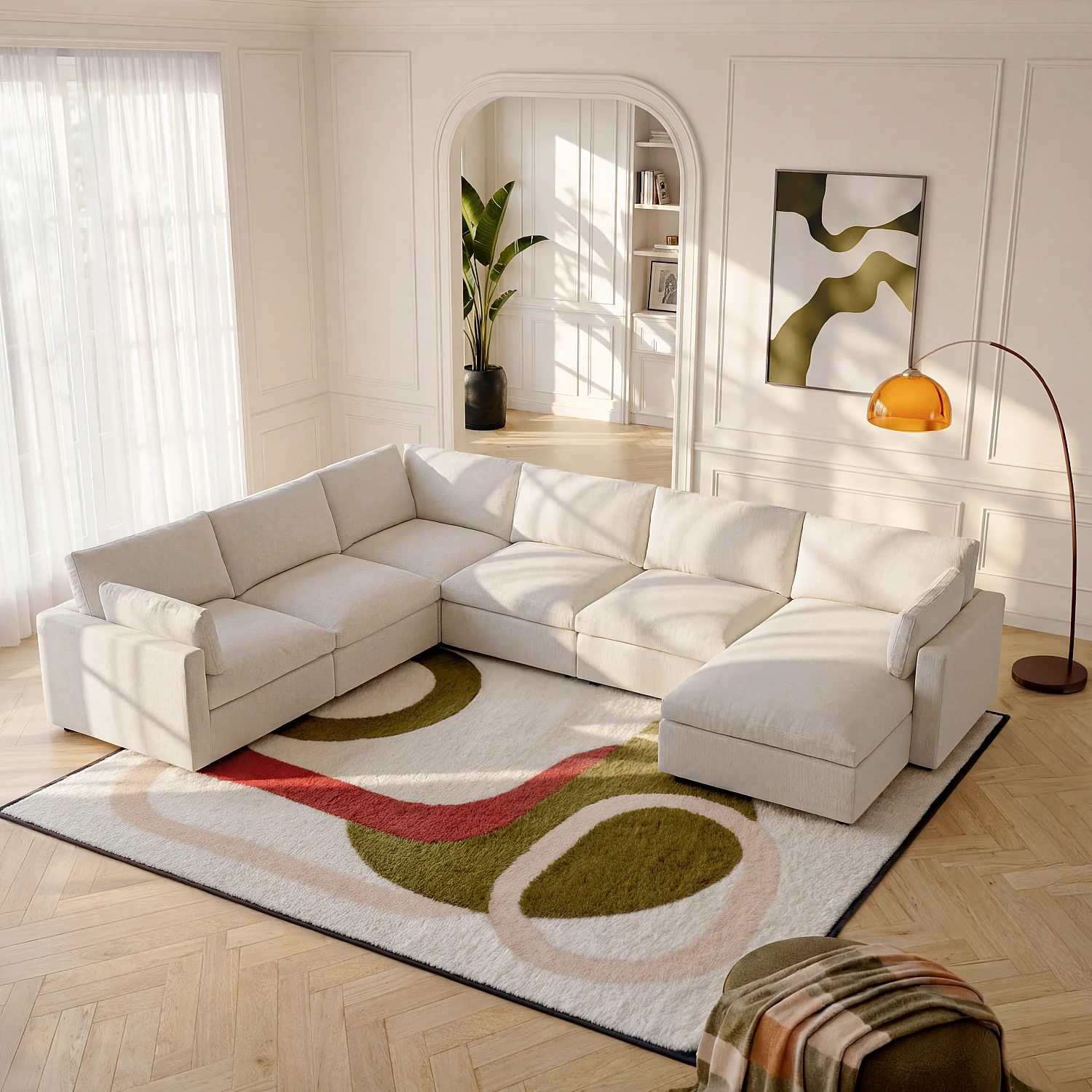 Grand canapé d'angle 7 places modulable en tissu - Ivoire - 1