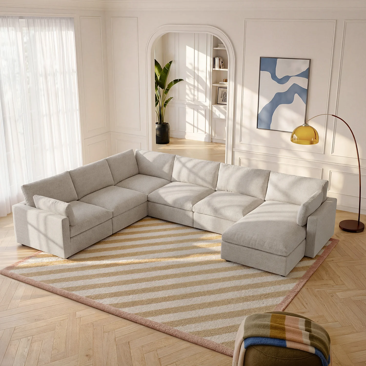 Grand canapé d'angle 7 places modulable en tissu - Taupe - 1