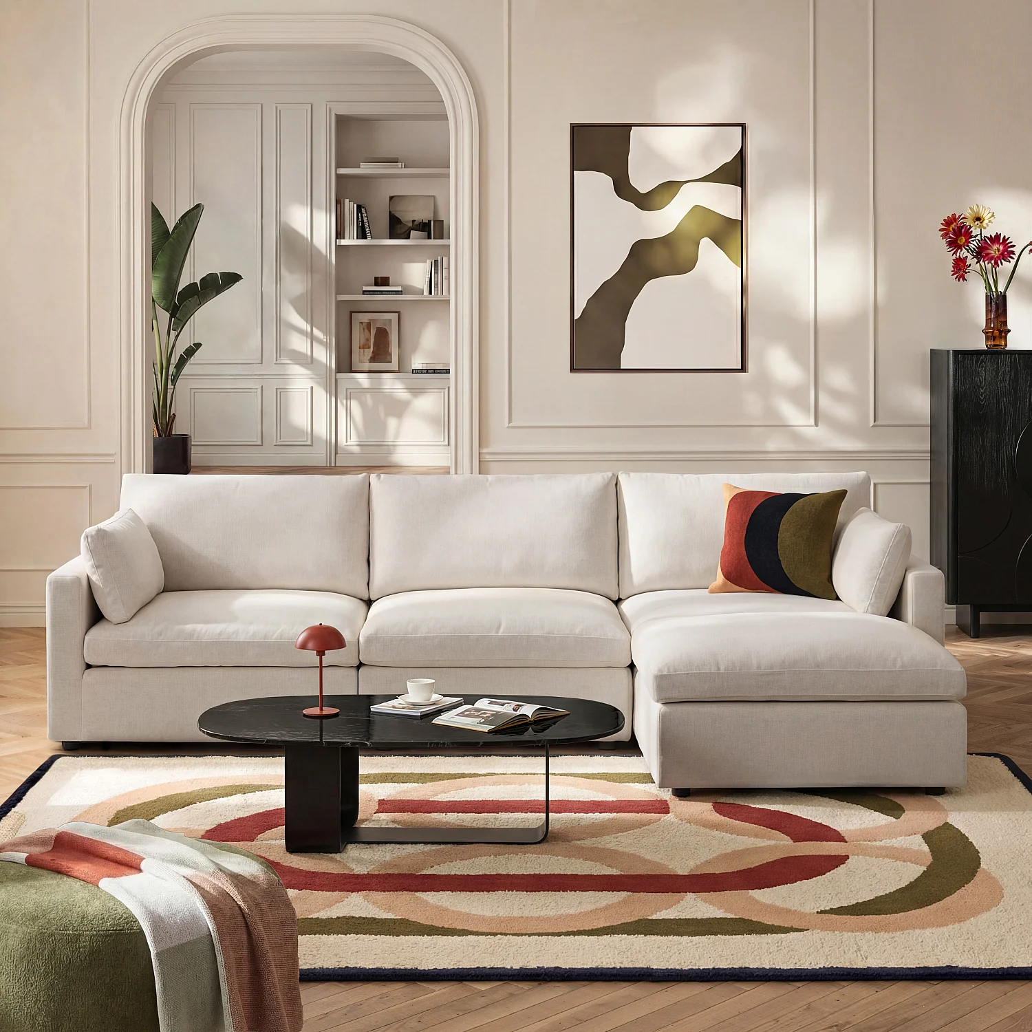 Canapé d'angle réversible 4 places modulable en tissu - Ivoire - 1