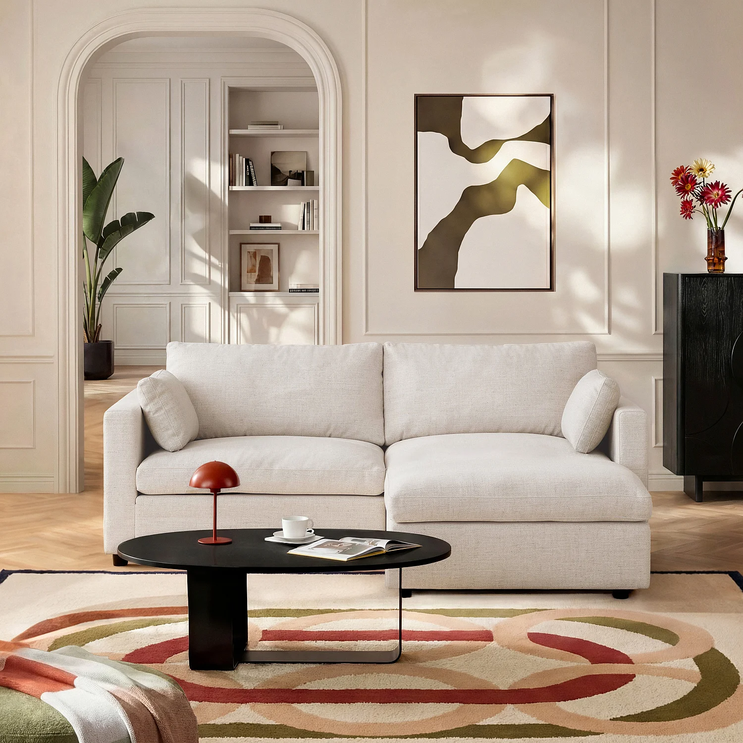 Canapé d'angle réversible 3 places modulable avec méridienne en tissu - Ivoire - 1