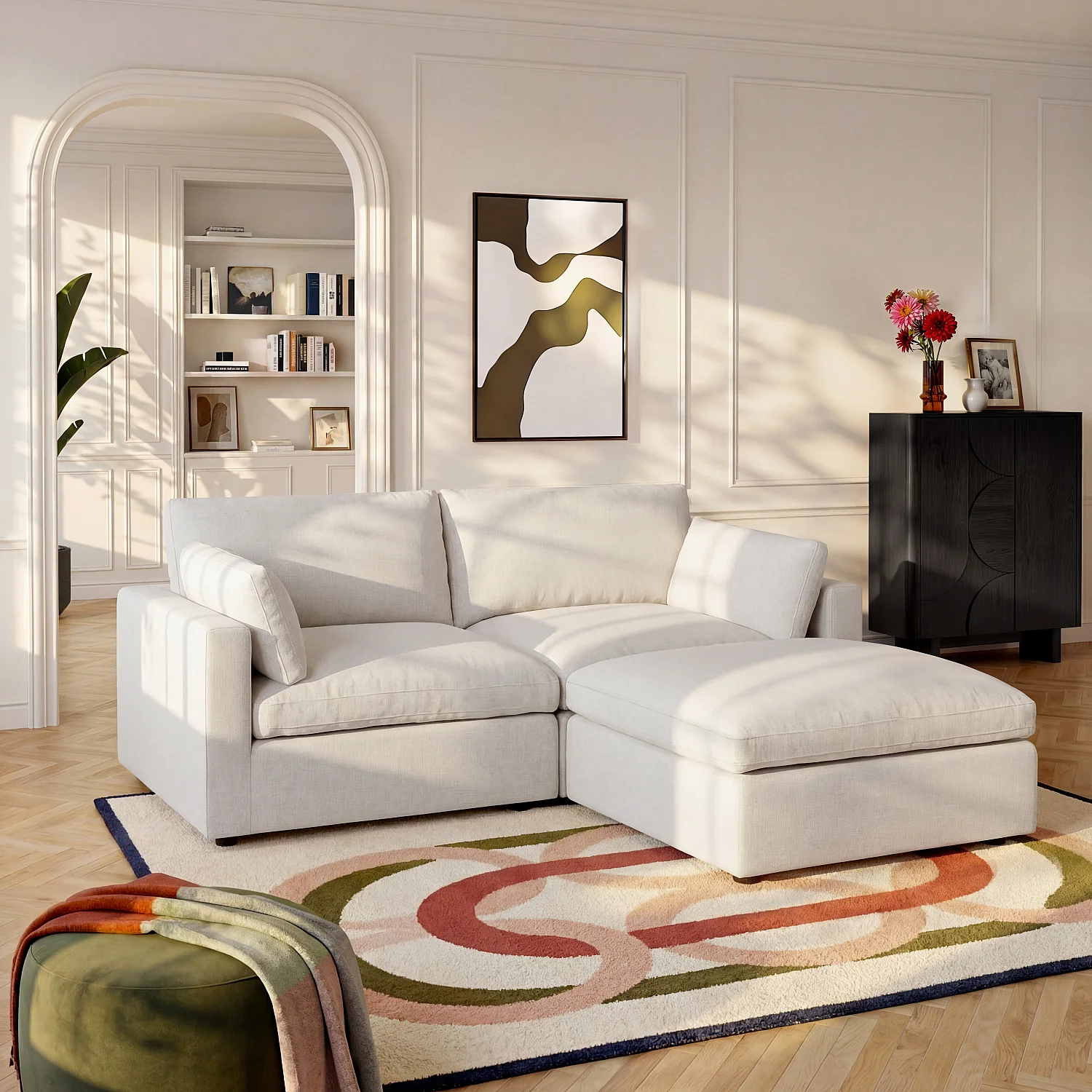 Canapé 3 places modulable avec repose pieds en tissu - Ivoire - 1