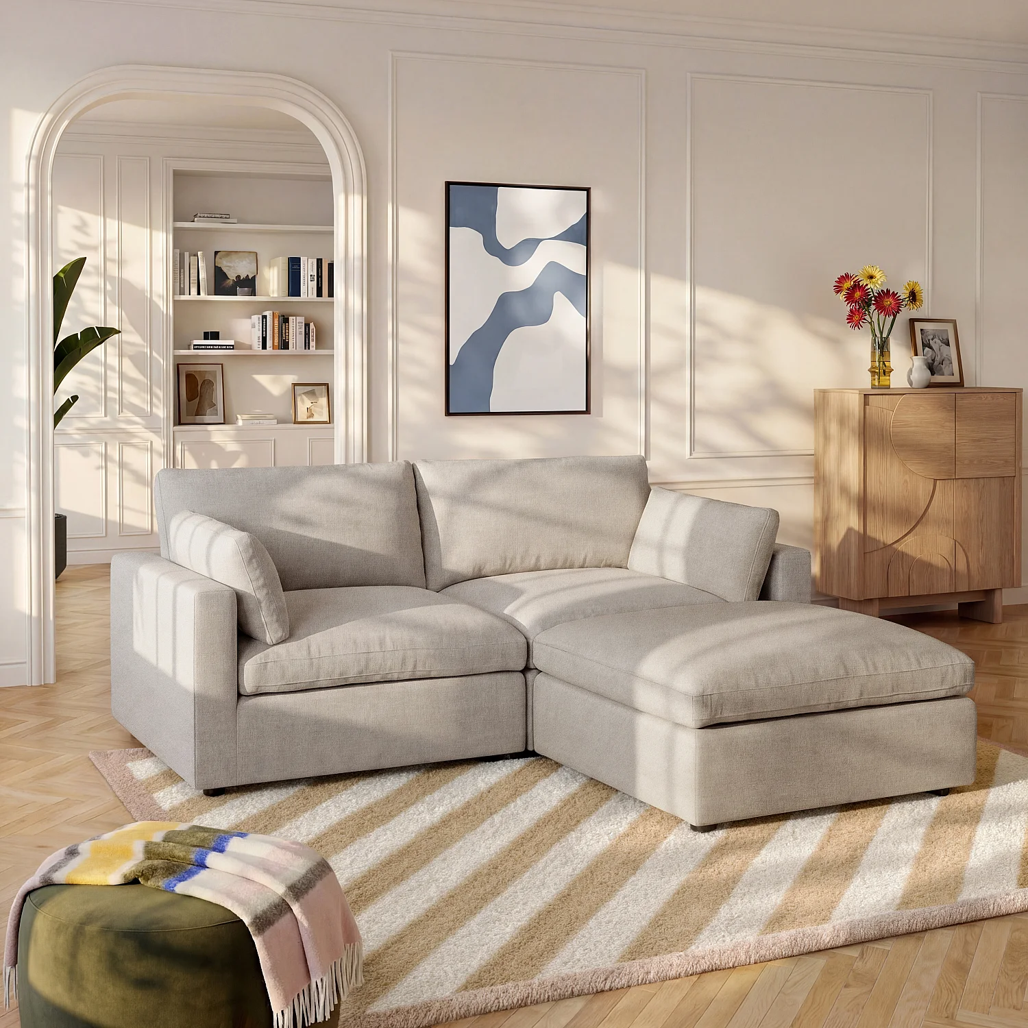 Canapé 3 places modulable avec repose pieds en tissu - Taupe - 1