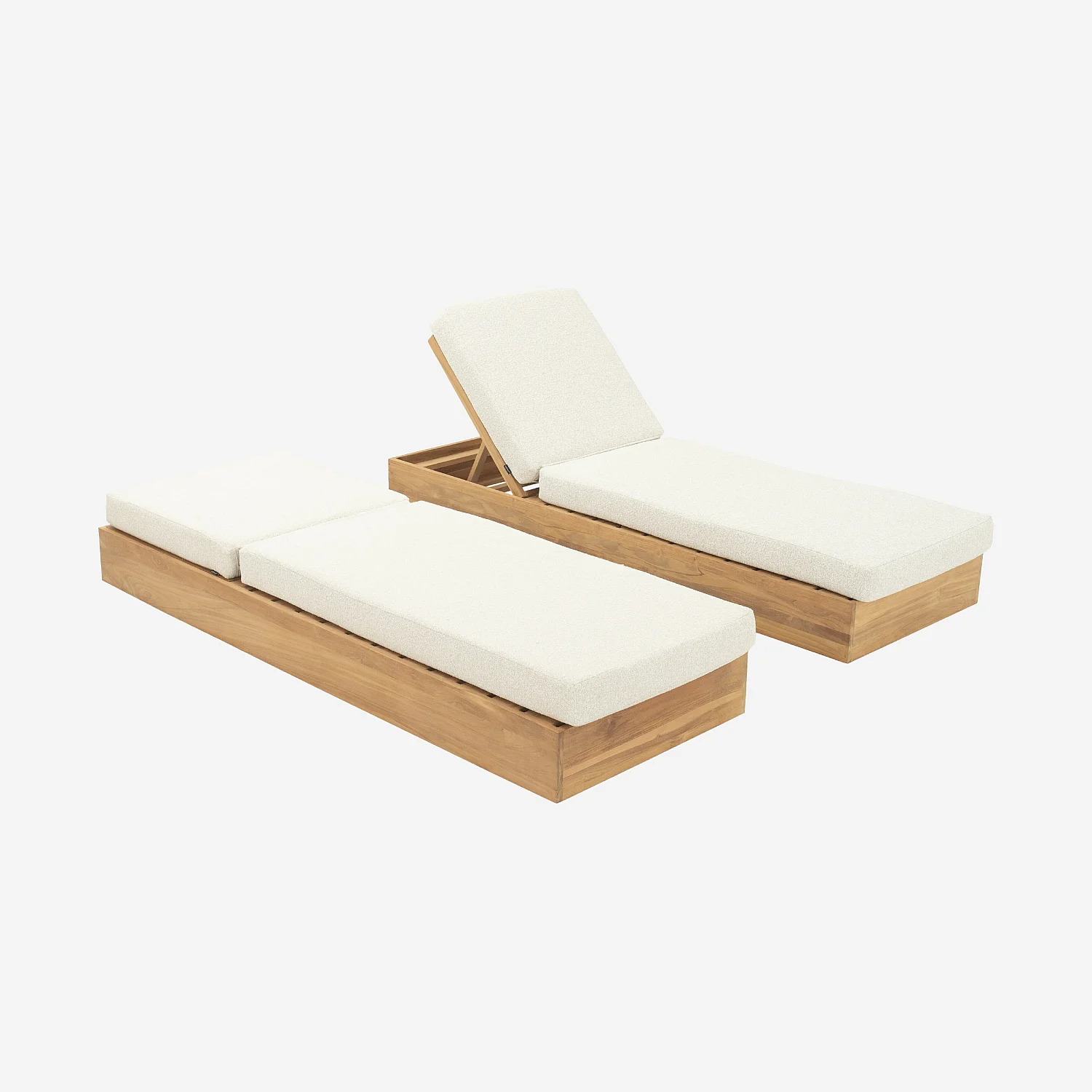 Lot de 2 bains de soleil en teck massif et tissu imperméable - Naturel et blanc cassé - 2