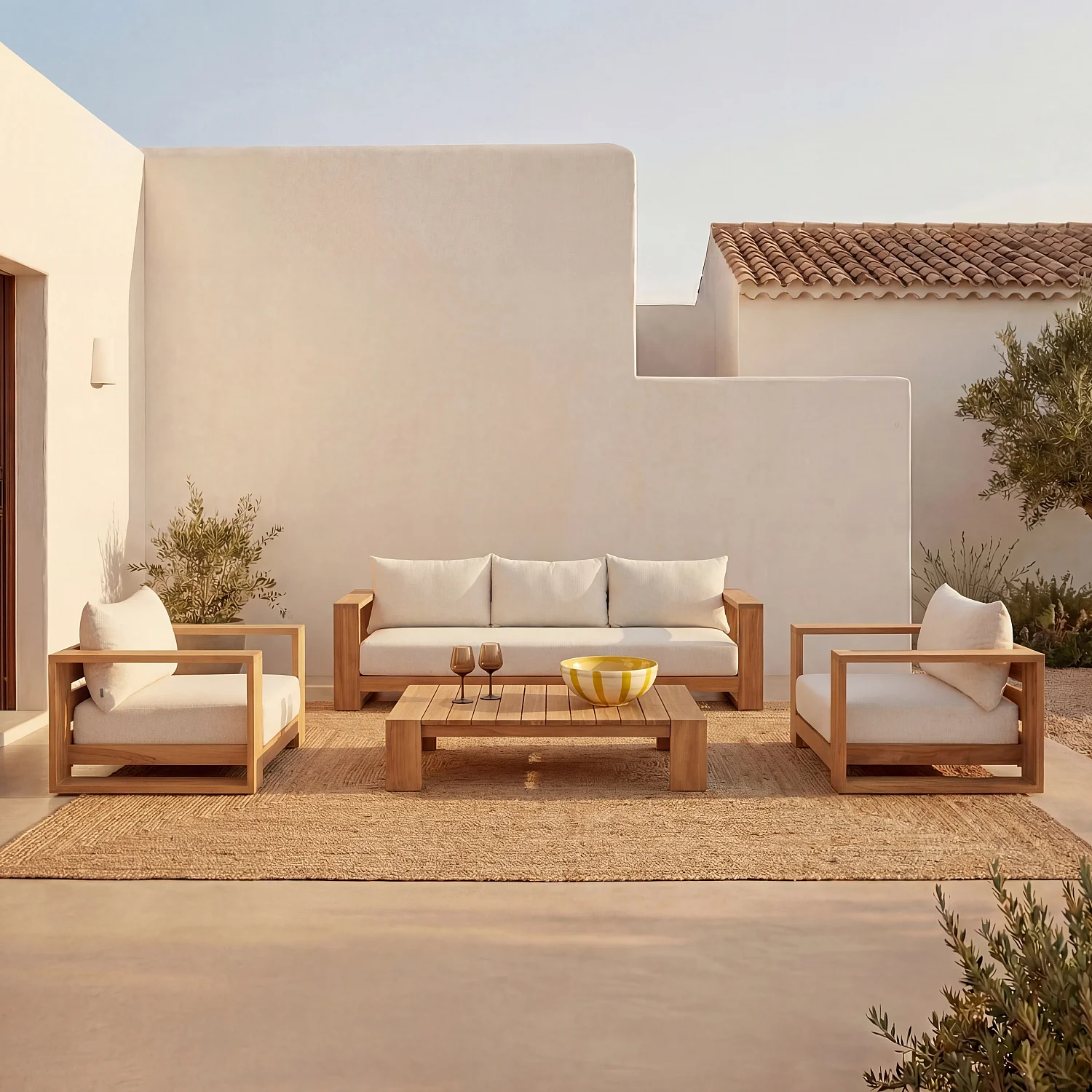 Ensemble de salon de jardin en teck massif et tissu imperméable 5 places - Naturel et blanc cassé - 1