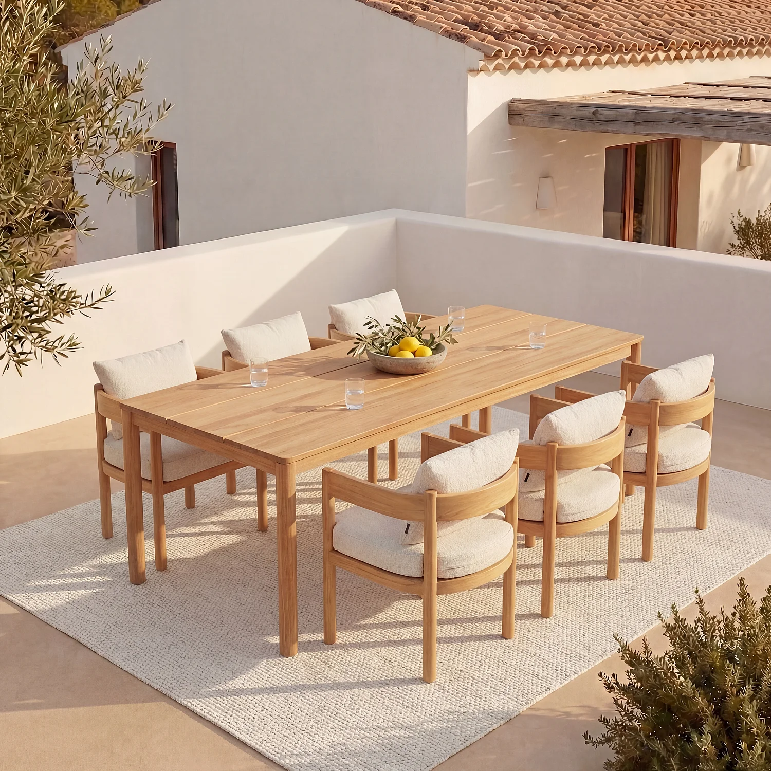 Ensemble table rectangulaire et 6 chaises de jardin en teck massif et tissu imperméable - Naturel et blanc cassé - 1